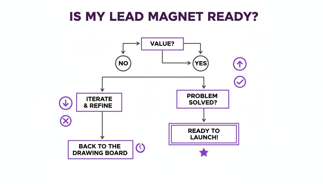 Flowchart on lead magnet readiness, asking if it has value and solves a problem, leading to launch or iteration.