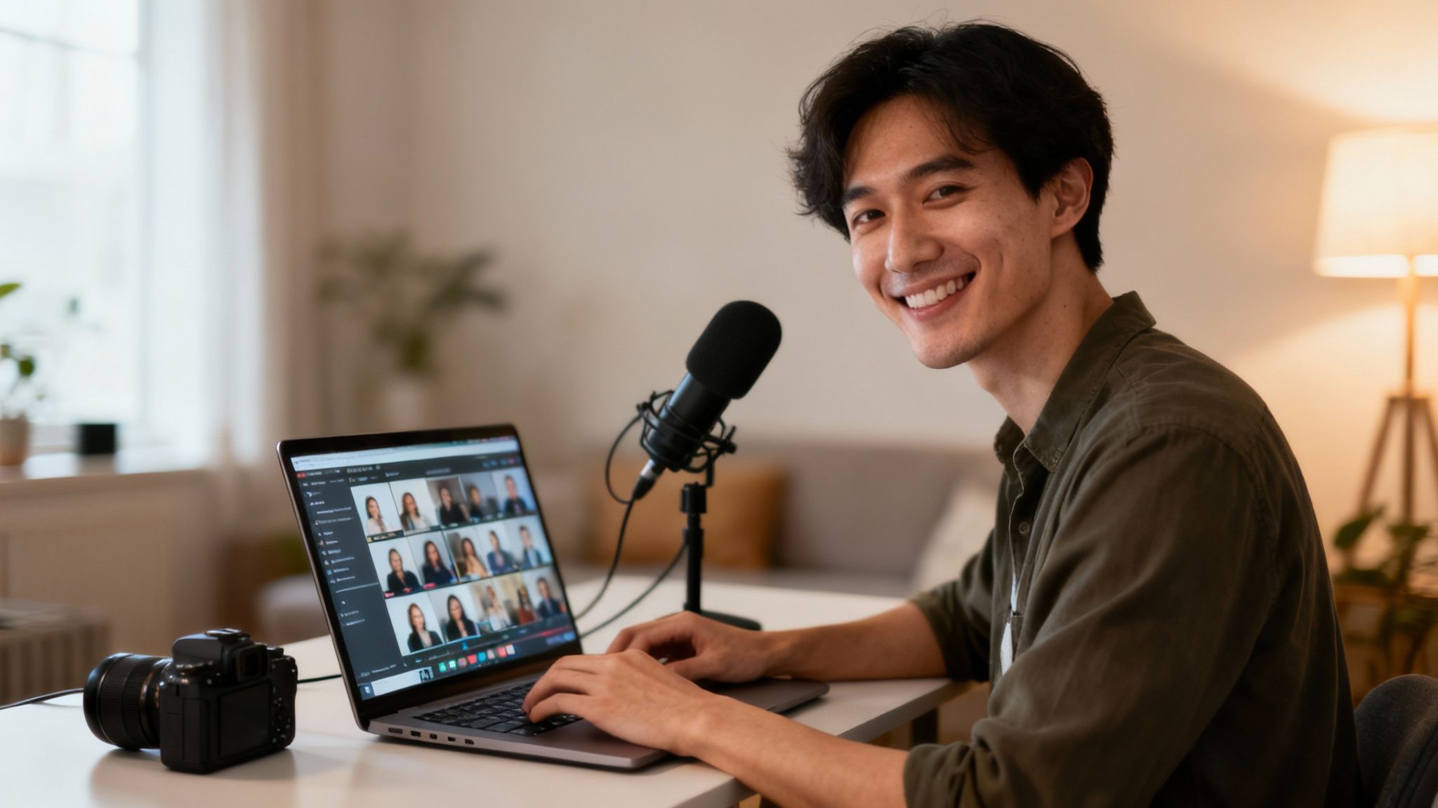 Uśmiechnięty mężczyzna siedzi przy laptopie z wideokonferencją, mikrofonem i aparatem, pracując online.