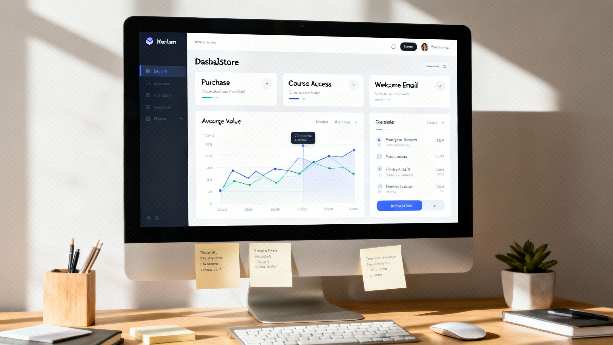 Panel administracyjny sklepu internetowego z wykresami sprzedaży i statystykami na monitorze komputera