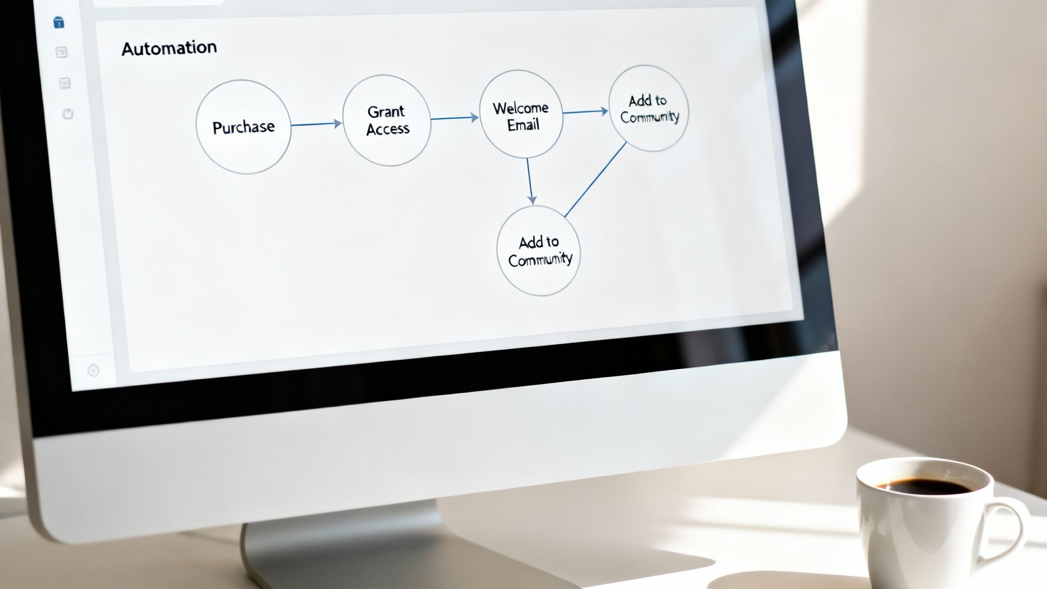 A computer screen displays an automation workflow diagram showing Purchase, Welcome Email, and Add to Community steps.