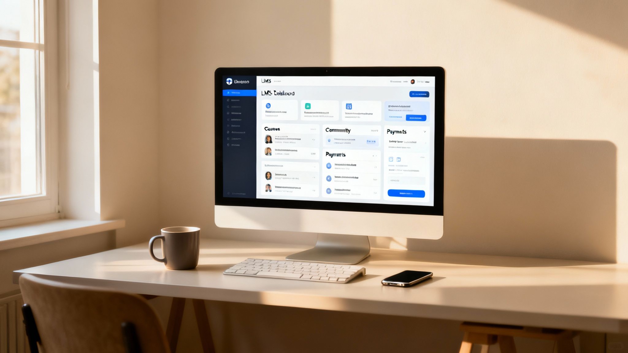 Desktop computer displaying learning management system dashboard with courses, community, and payment sections on modern workspace