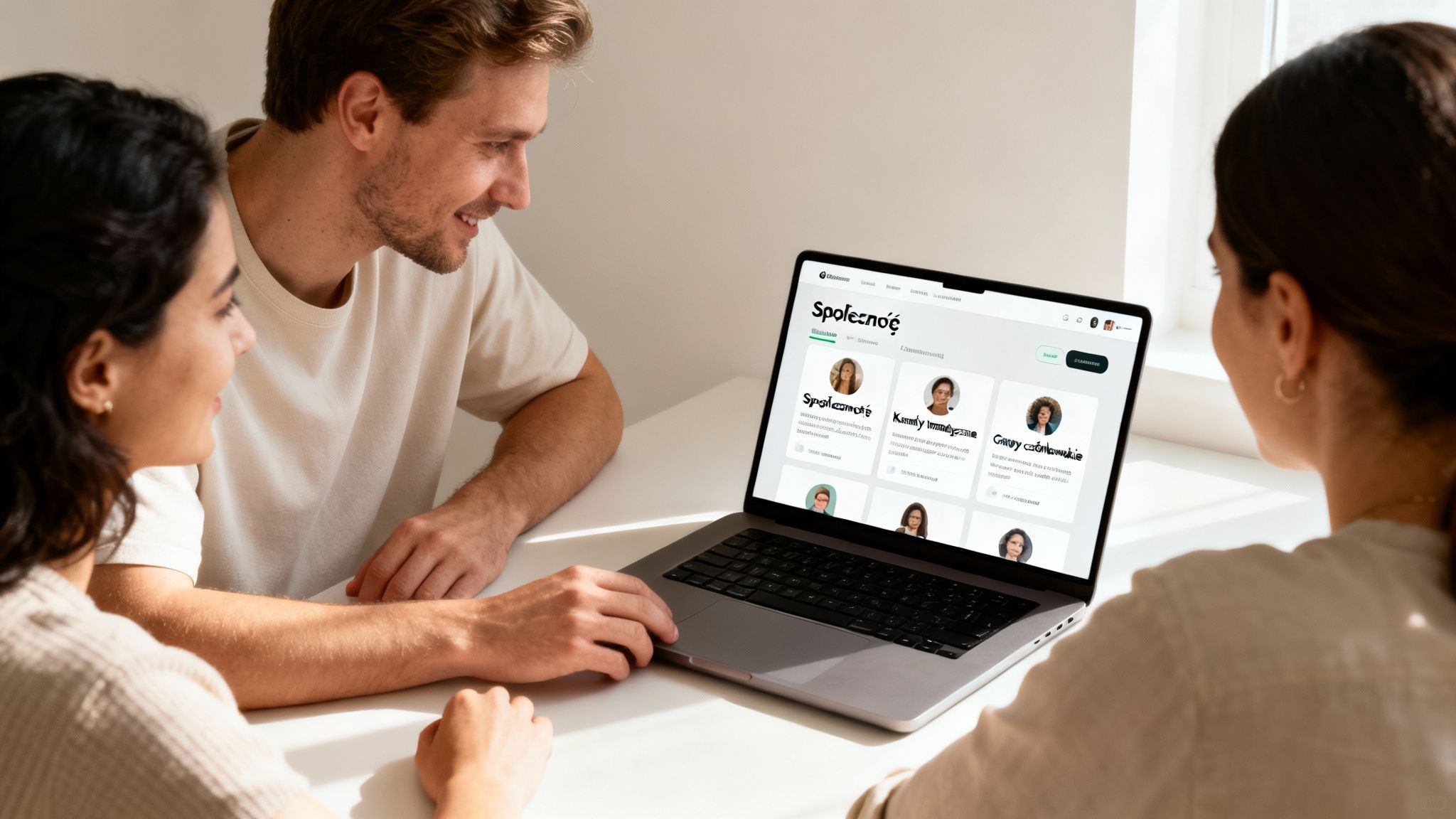 Trzy osoby wspólnie oglądające laptopa z otwartą platformą społecznościową, dyskutujące o treści.