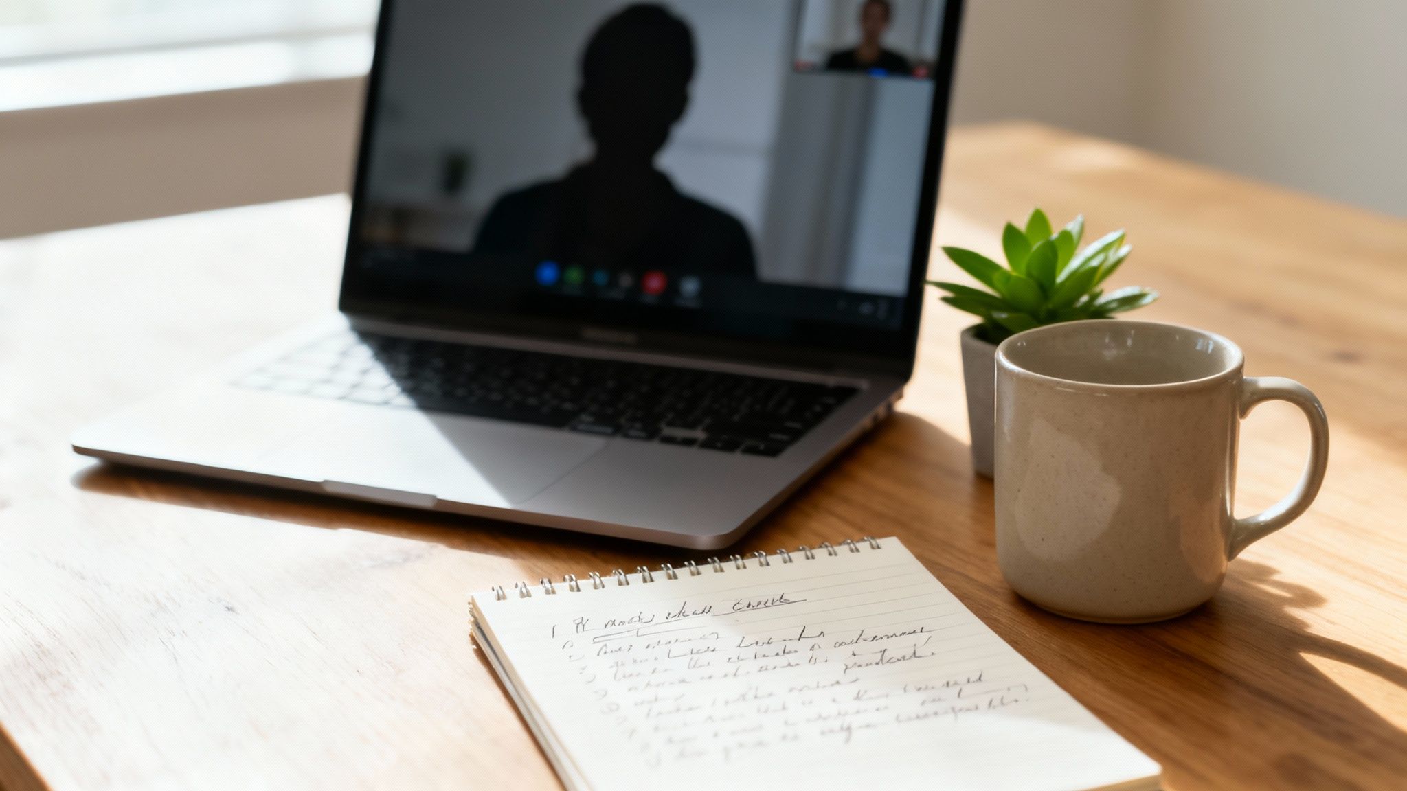 Biurko z laptopem do wideokonferencji, otwartym notatnikiem, kubkiem kawy i małą rośliną.