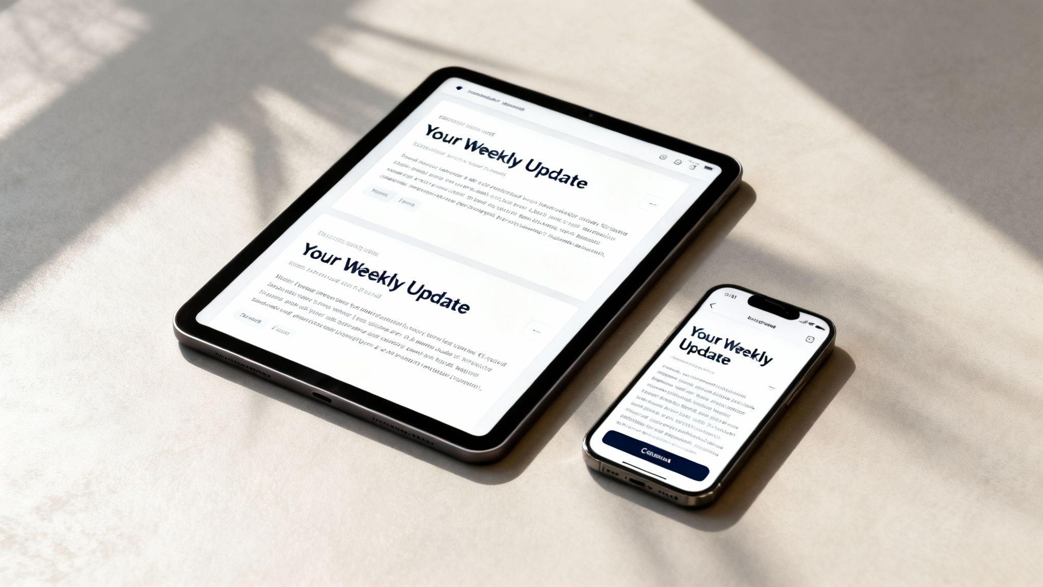 A tablet and a smartphone displaying an email newsletter titled 'Your Weekly Update' on a light surface.