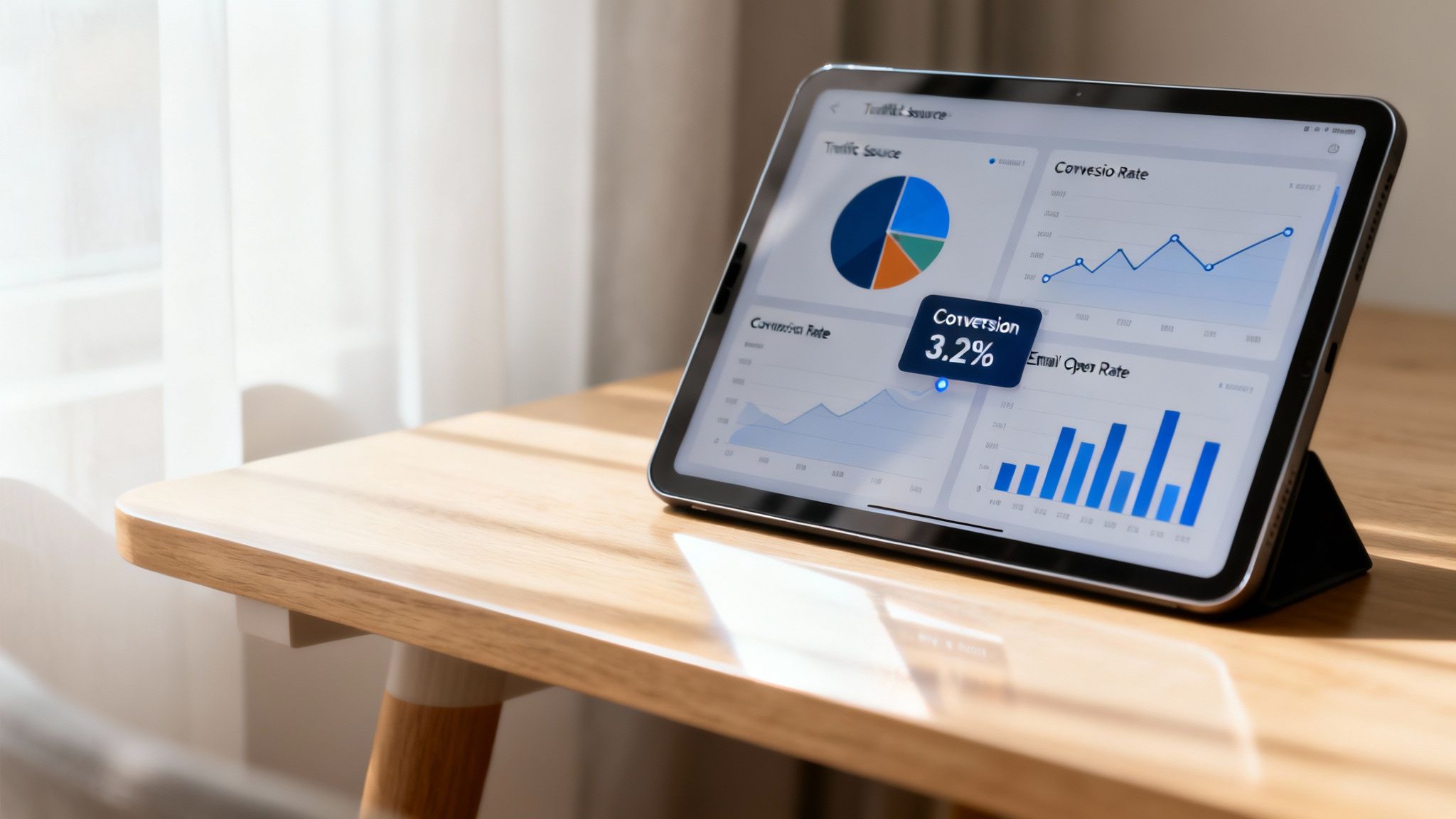 Digital tablet showing business analytics dashboard with charts and graphs on a wooden table.
