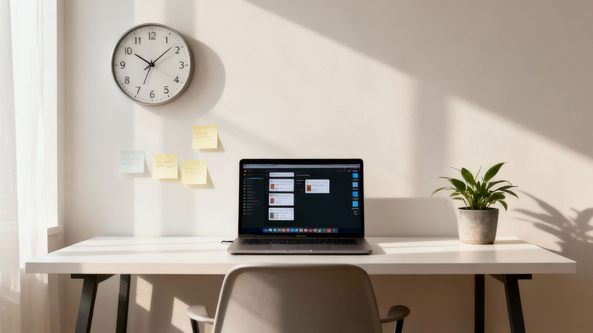 A minimalist home office desk with a laptop, wall clock, sticky notes, and a potted plant.