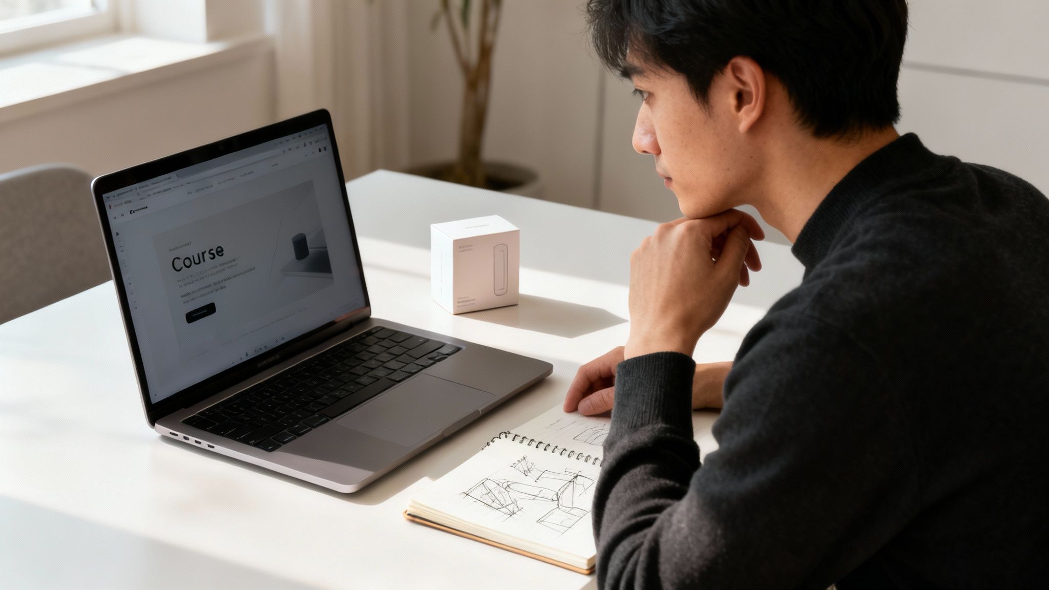 Mężczyzna siedzi przy biurku, patrzy na laptopa wyświetlającego stronę kursu, obok ma notatnik i pudełko.