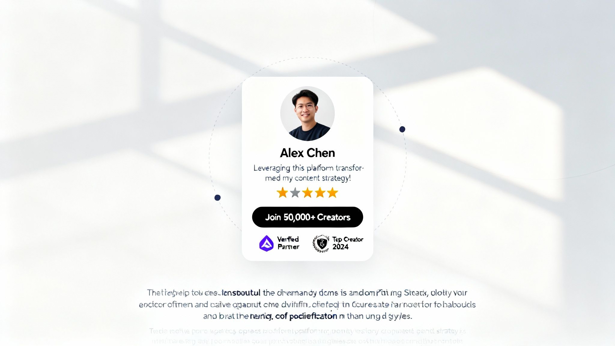 Alex Chen's testimonial card featuring his photo, a positive review about content strategy, and an invite to join creators.