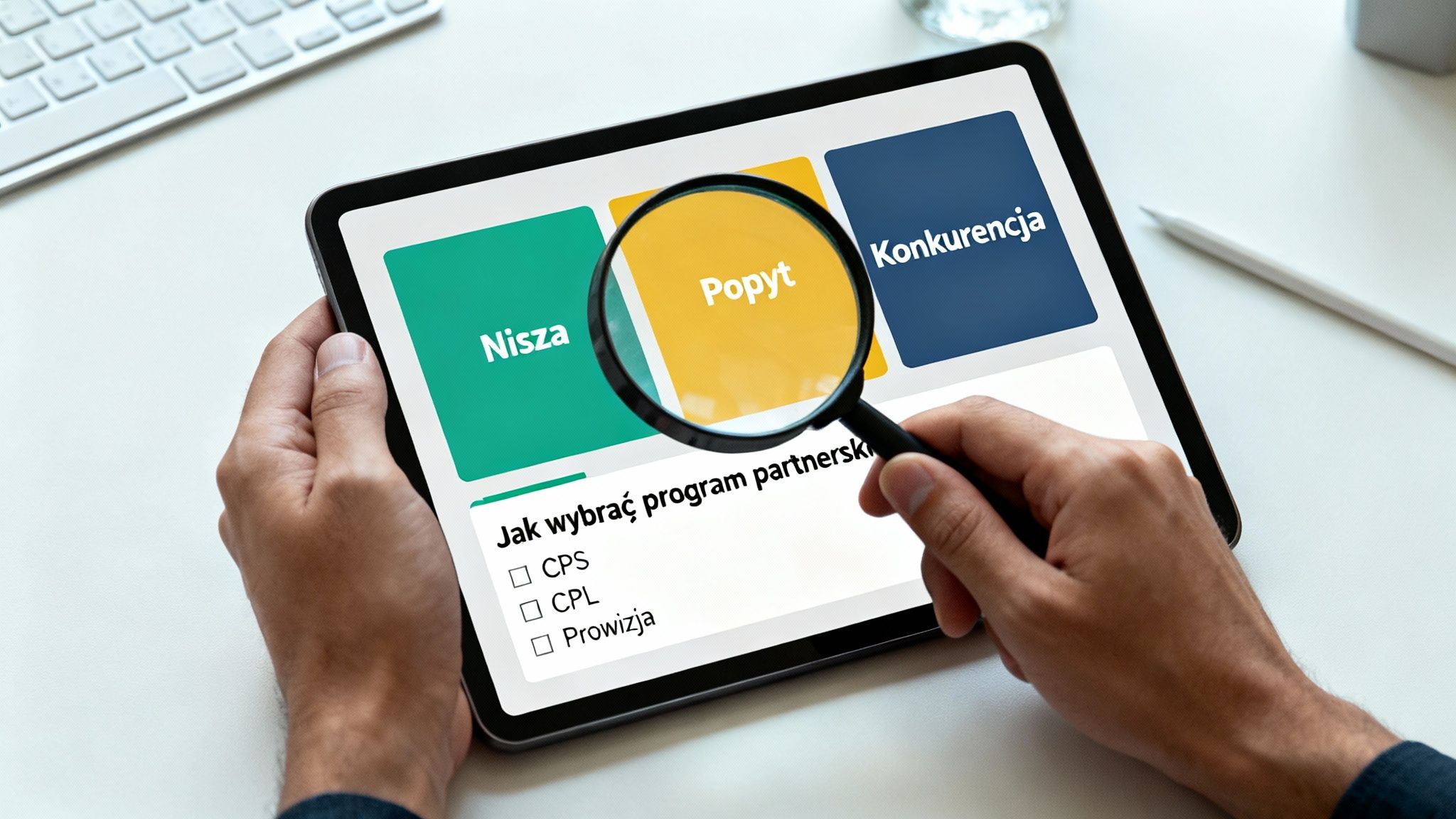 Osoba trzyma tablet wyświetlający koncepcje marketingowe, takie jak nisza, popyt i konkurencja, z lupą nad słowem 'popyt'.