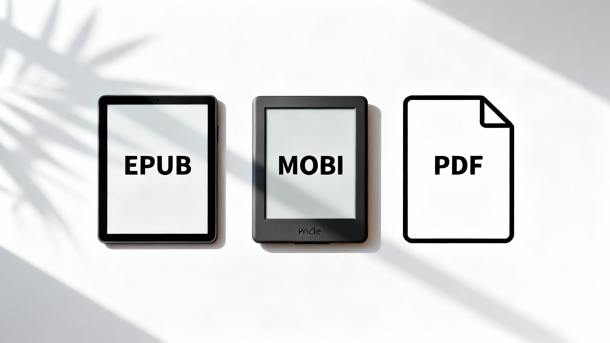 Trzy cyfrowe formaty książek: EPUB na tablecie, MOBI na czytniku Kindle i ikona pliku PDF.