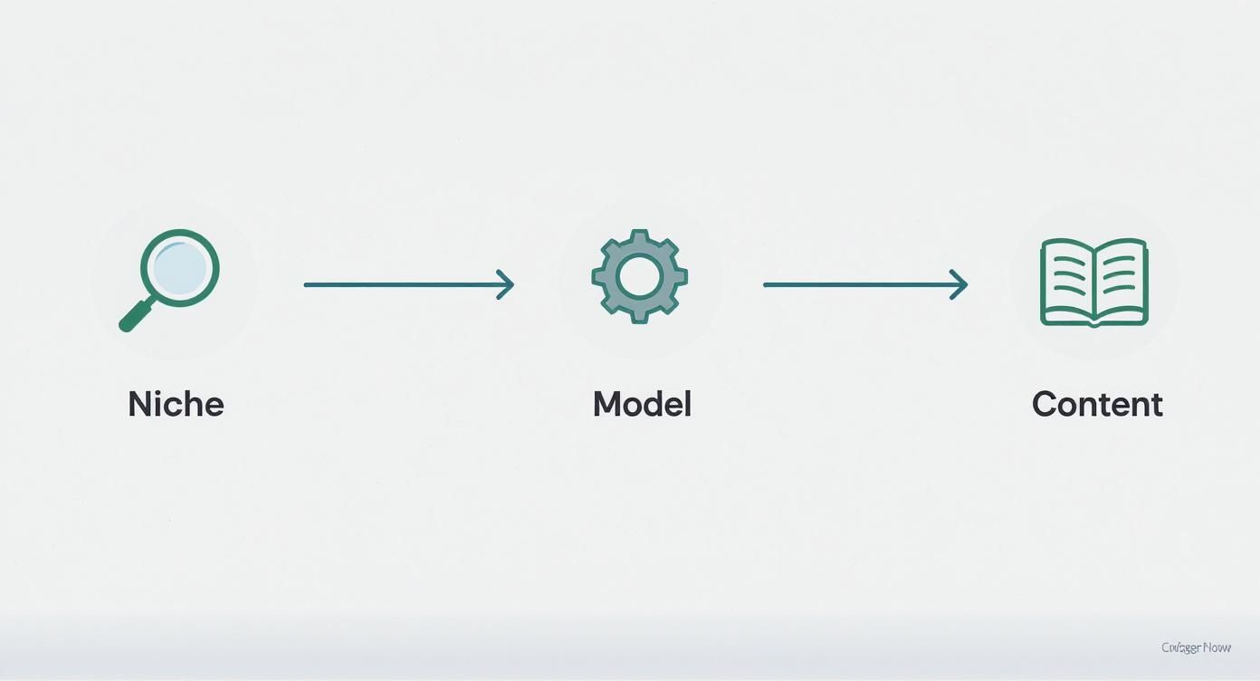 A flowchart illustrates the progression from Niche (magnifying glass) to Model (gear) to Content (open book).