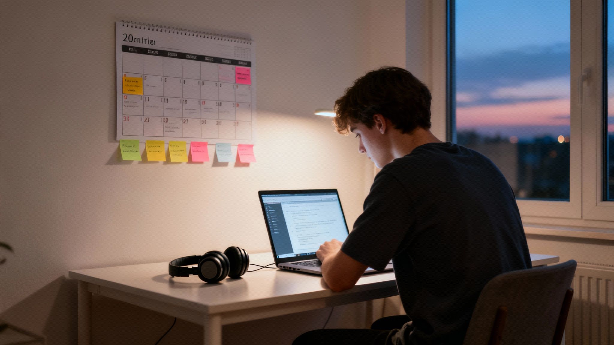 A young man is focused on his laptop at a desk, with a calendar and sticky notes behind him.