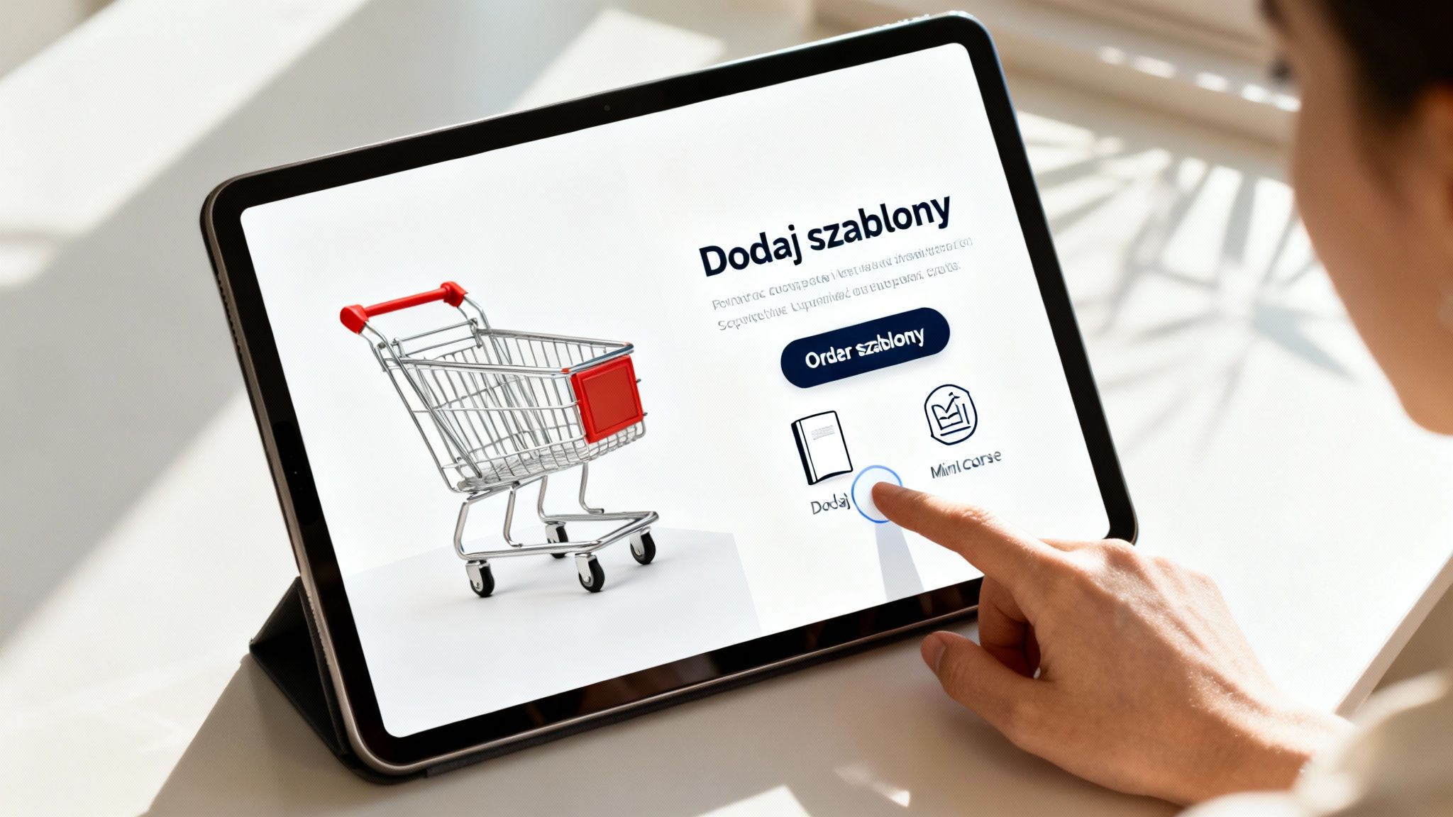 Osoba dotyka ekranu tabletu z interfejsem sklepu internetowego oferującego szablony i kursy.