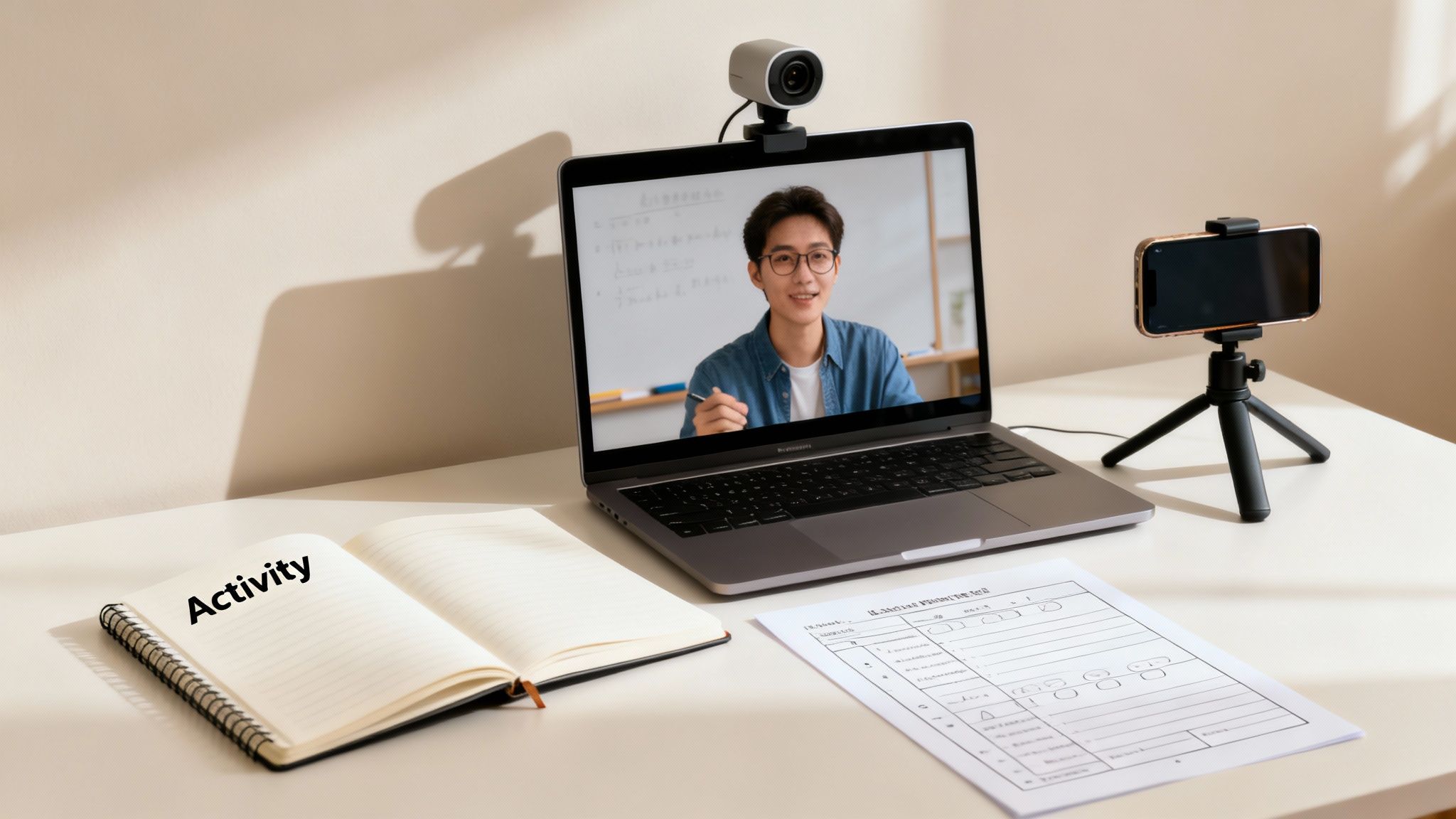 A desk with a laptop displaying an online teacher, a webcam, a smartphone, a notebook, and papers.