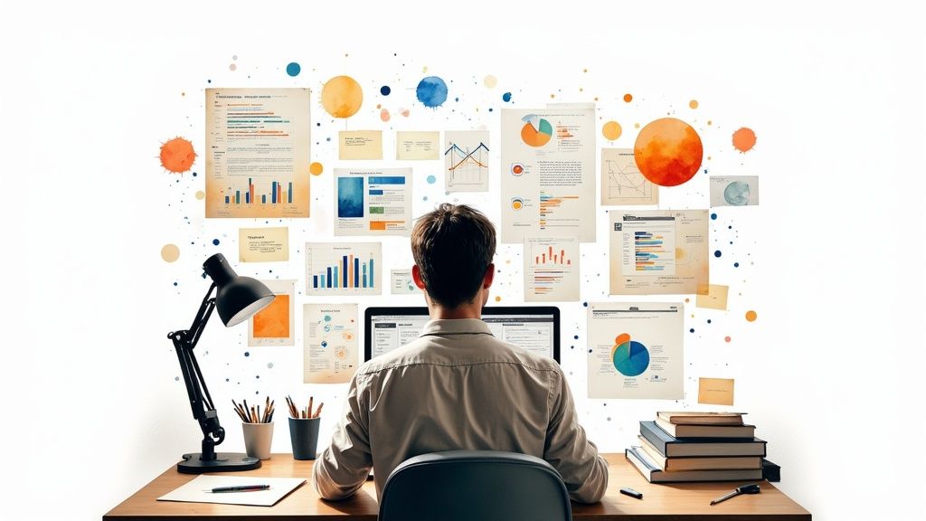 Author writing an ebook on a laptop in a bright, modern workspace.