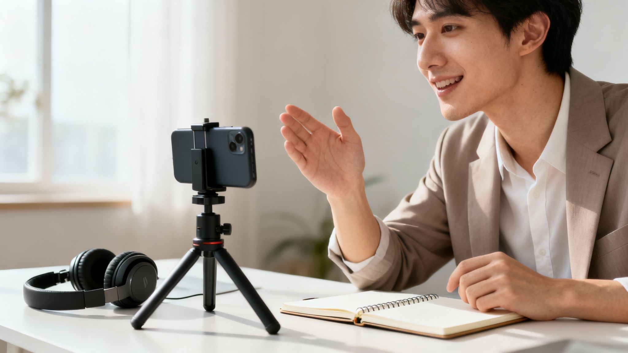 Młody mężczyzna uśmiecha się i gestykuje, nagrywając wideo smartfonem na statywie, z notatnikiem i słuchawkami.