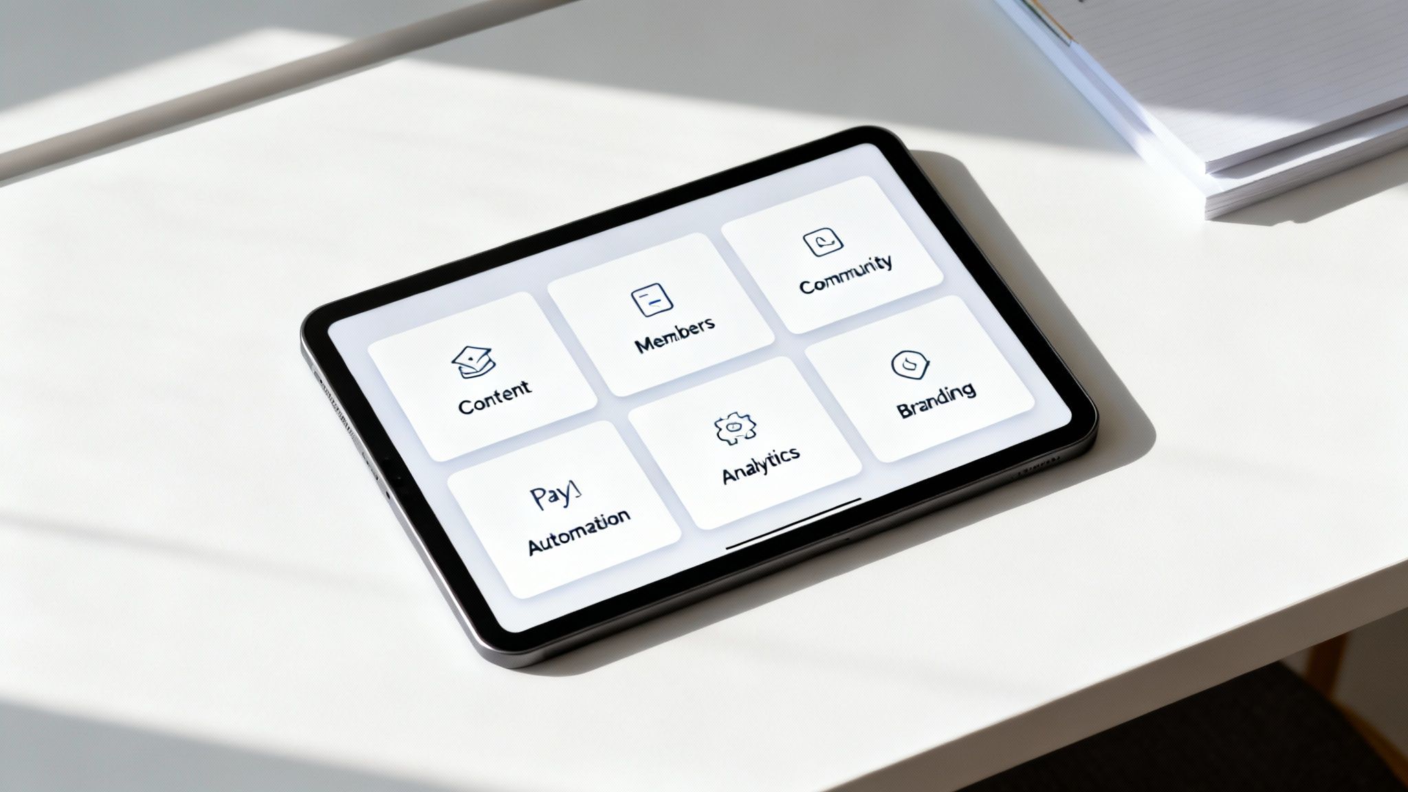 A tablet on a white desk displays a dashboard for managing a membership website platform.