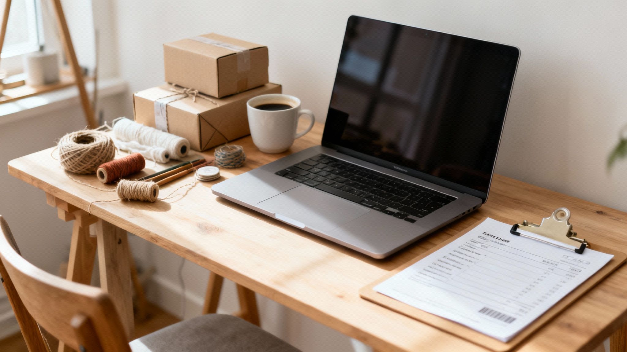 Drewniane biurko z laptopem, kawą, paczkami, różnymi sznurkami i dokumentami na clipboardzie.