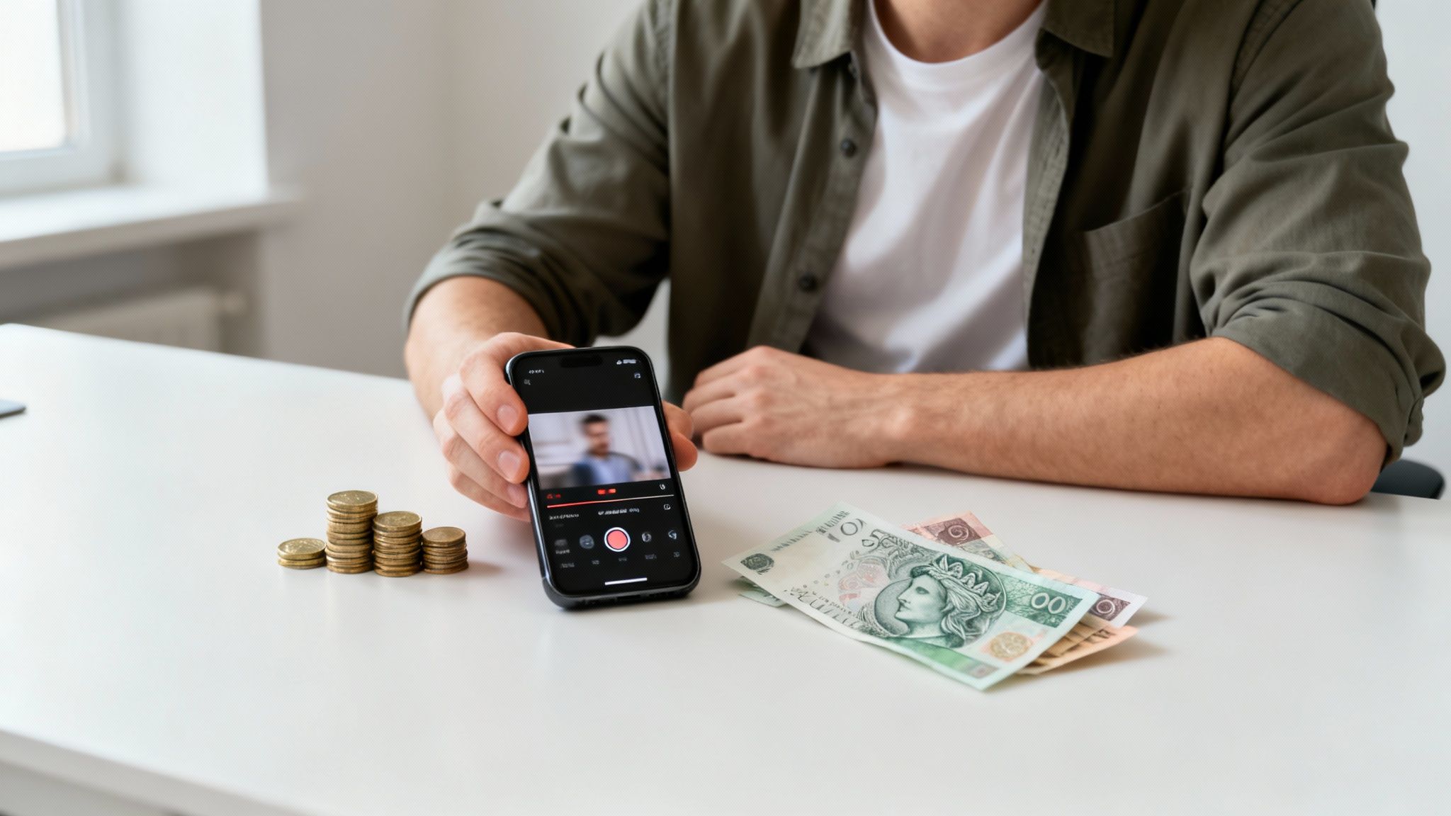 Mężczyzna trzyma smartfon z nagrywającym się wideo, obok stosy monet i banknoty polskie. Scena symbolizuje zarabianie online.
