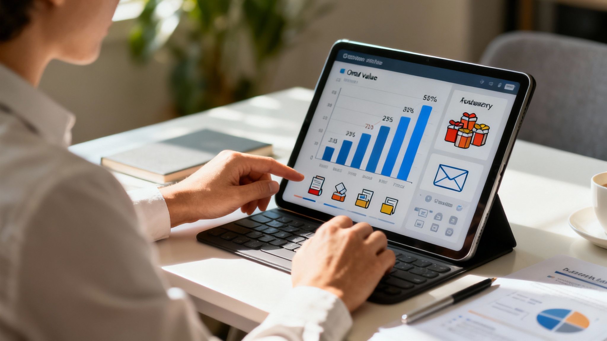 A group of digital creators collaborating on a project, with charts showing growth in the background.
