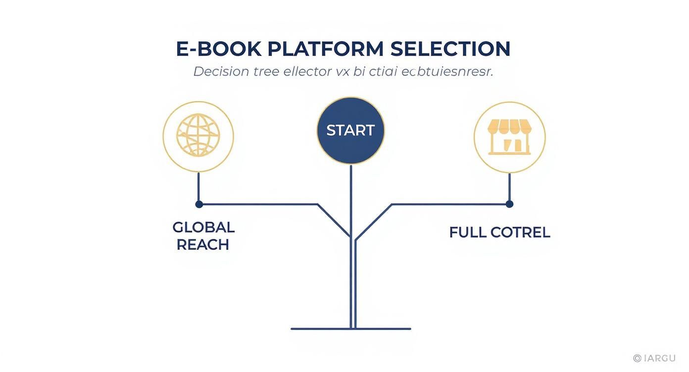 Schemat drzewa decyzyjnego wyboru platformy e-booków z opcjami zasięgu globalnego i pełnej kontroli.