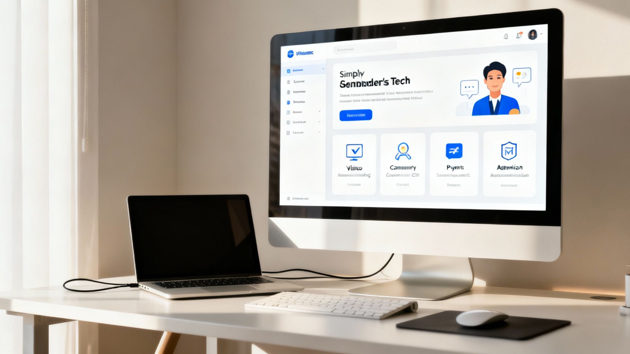 A modern workspace with a desktop computer displaying a membership website dashboard and a laptop.