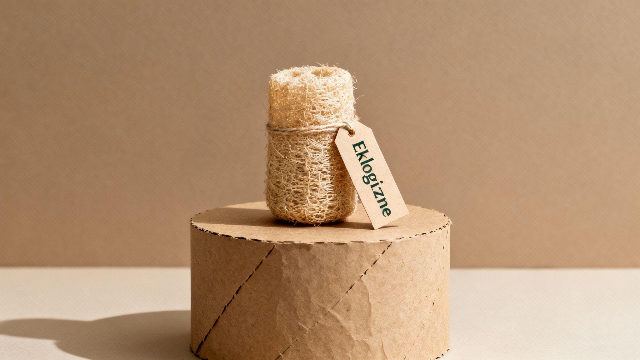 Naturalna gąbka luffa z etykietą 'Ekologiczne' na tekturowej podstawce, symbolizująca ekologiczne produkty do pielęgnacji.