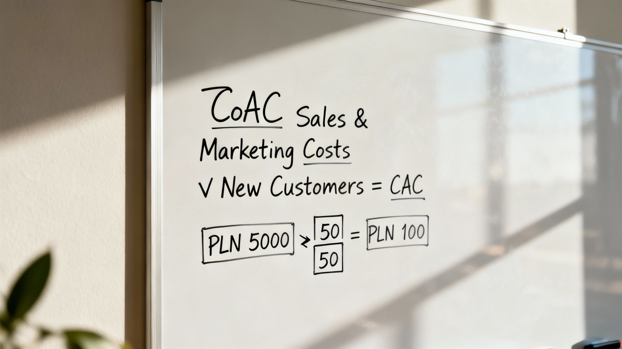 Whiteboard displaying the formula and an example calculation for Customer Acquisition Cost (CAC).