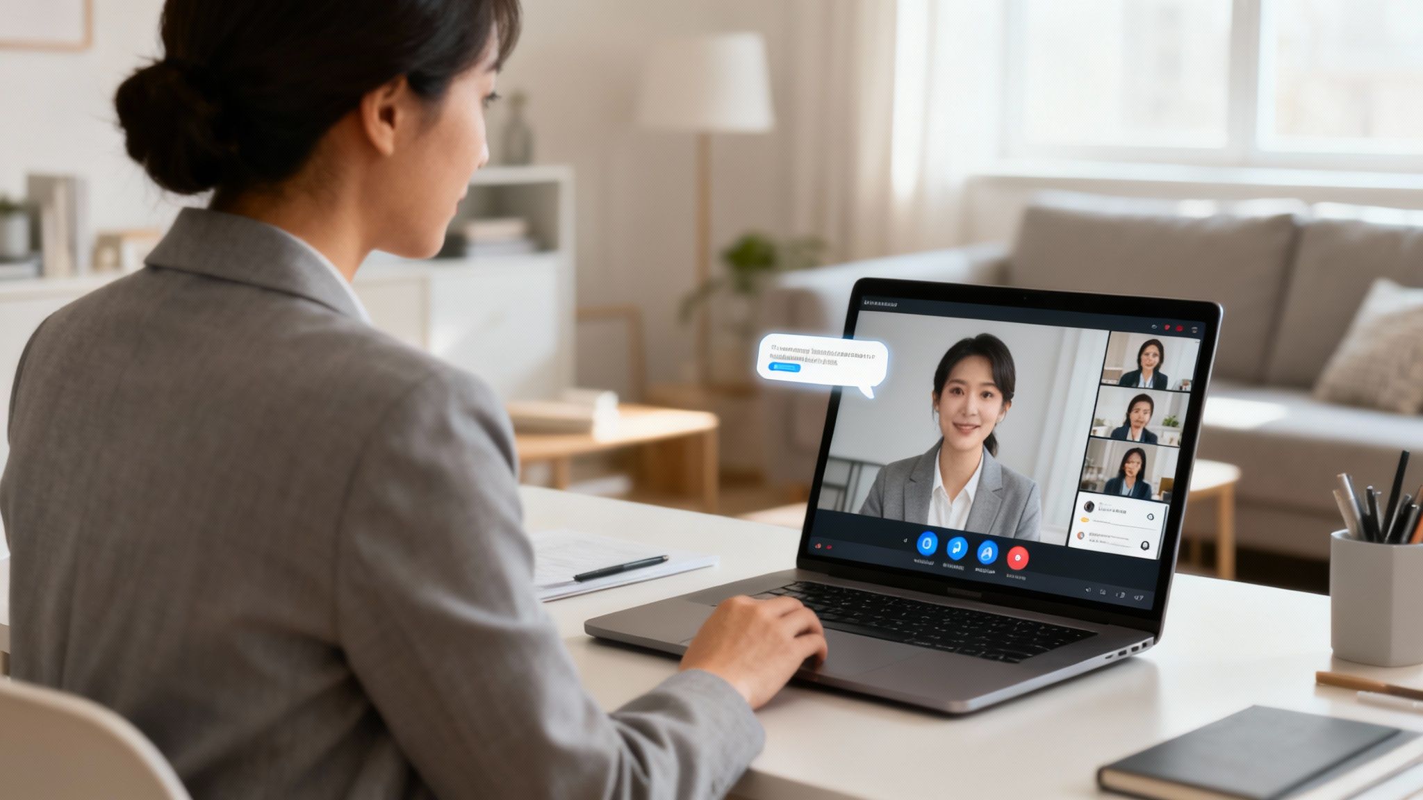 Azjatycka kobieta w szarej marynarce podczas wideorozmowy na laptopie z kilkoma innymi osobami.