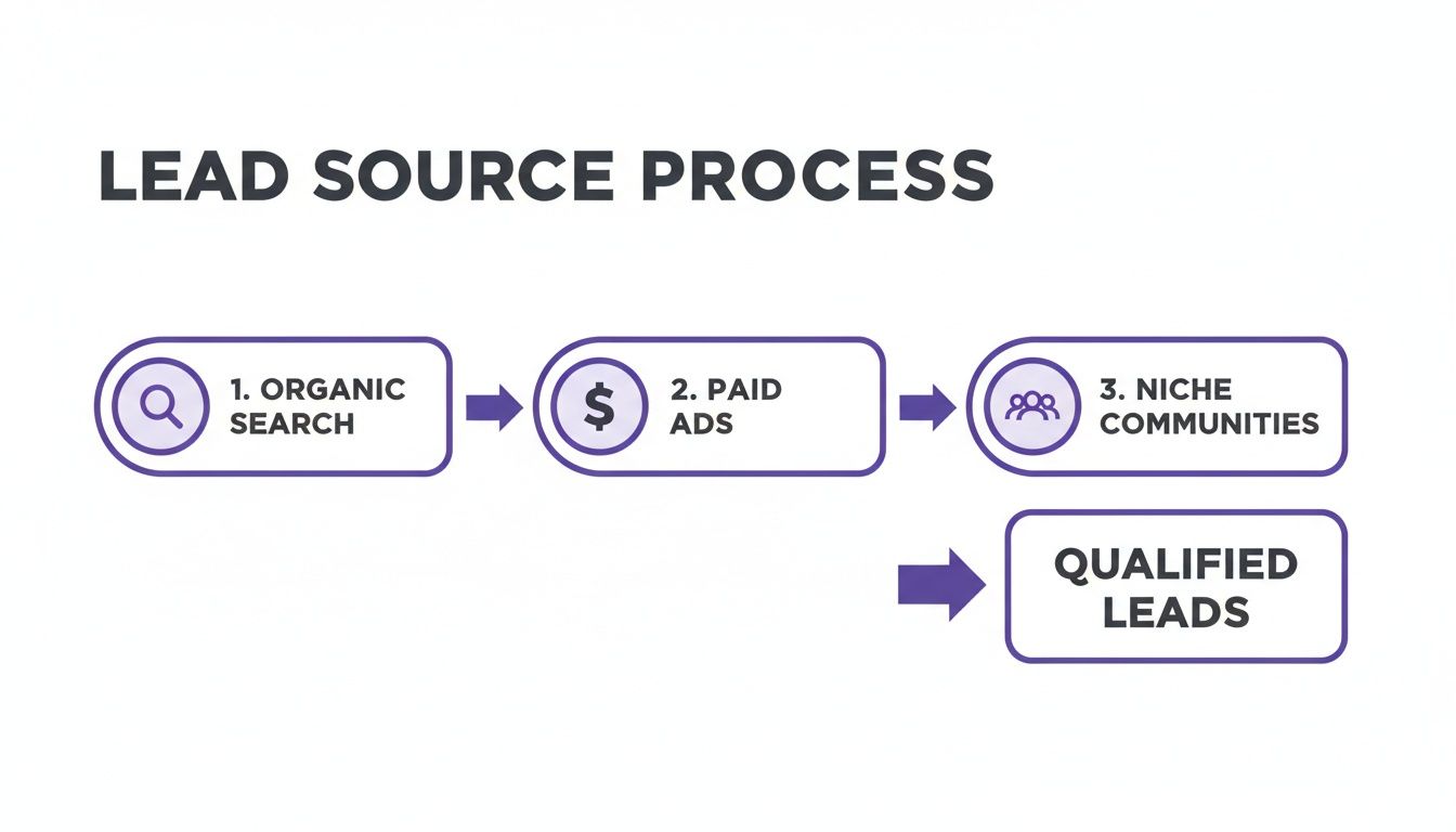 Flowchart showing how organic search, paid ads, and niche communities generate qualified leads.