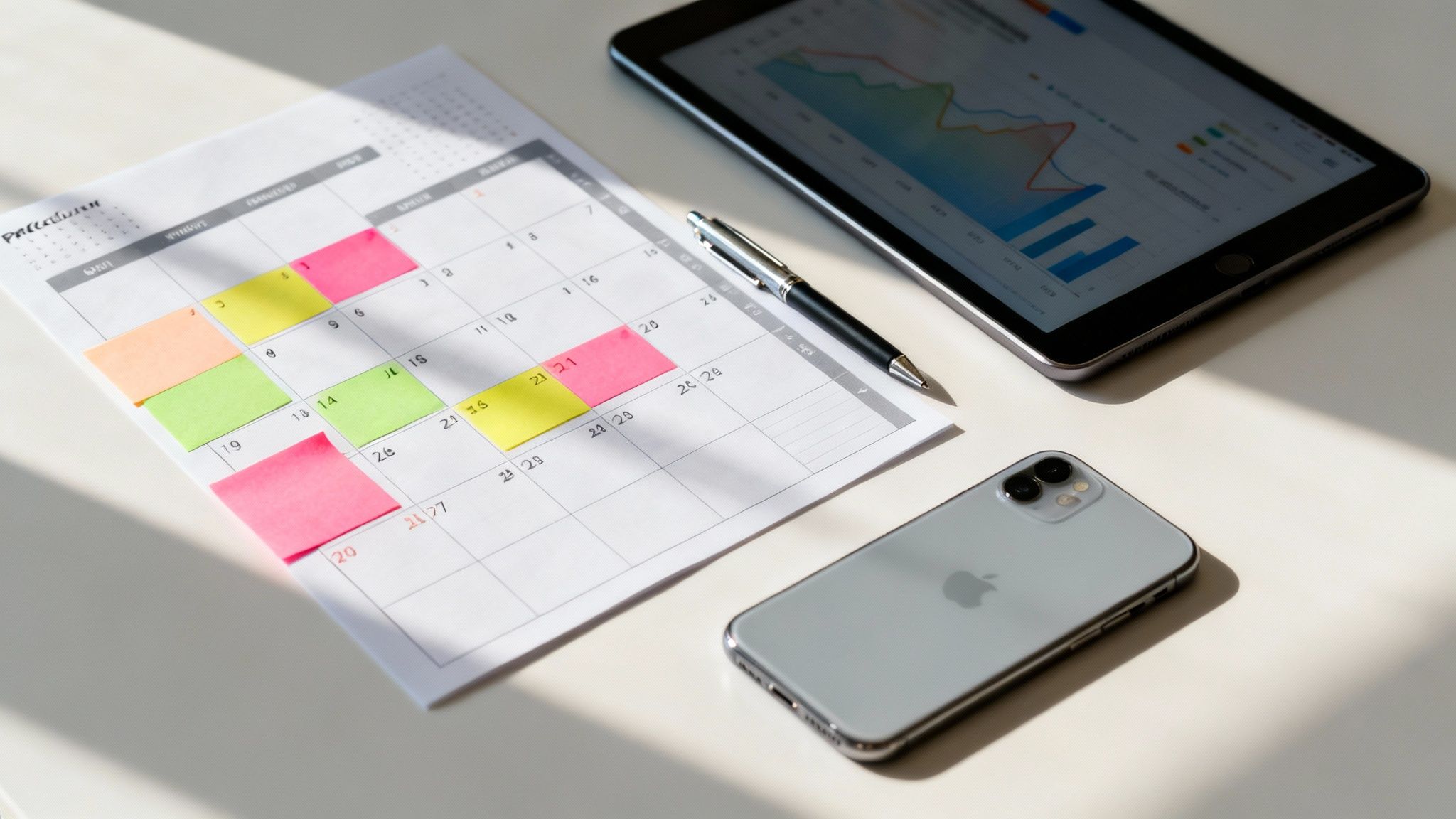 Biurko z kalendarzem, karteczkami samoprzylepnymi, tabletem z wykresami, długopisem i telefonem iPhone, idealne do organizacji pracy.