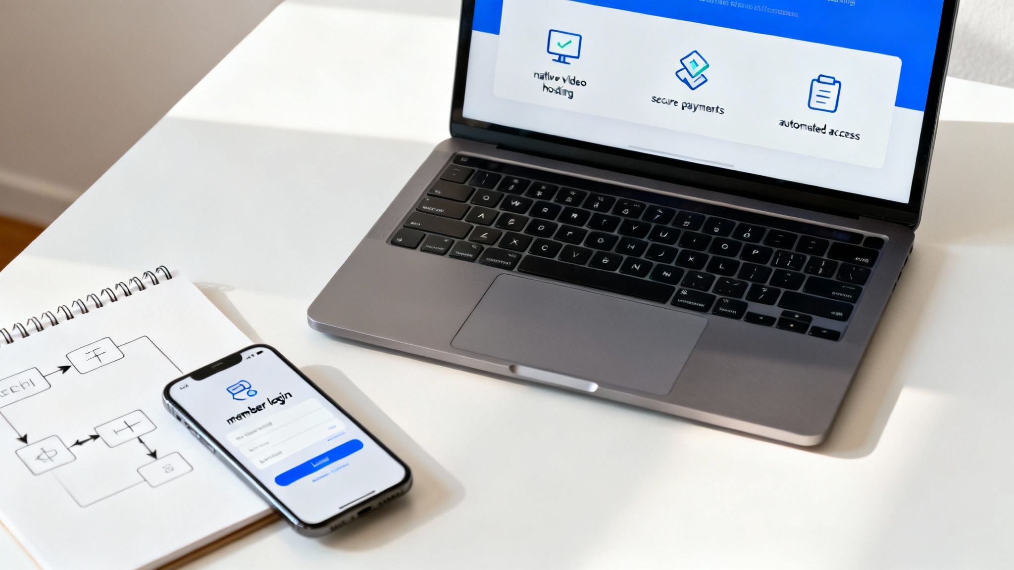 Laptop displaying membership site features with smartphone showing member login interface and workflow diagram