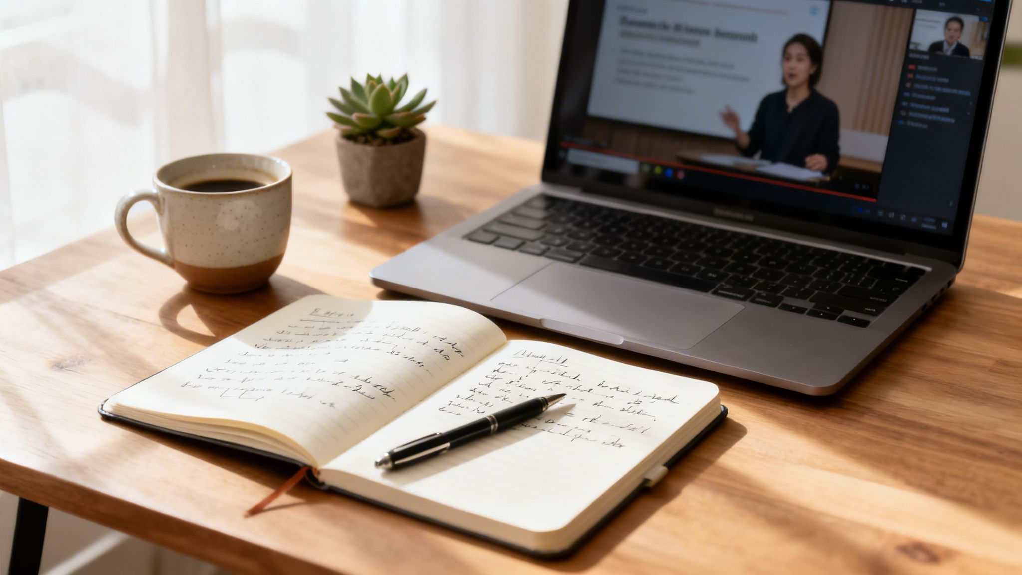Biurko z laptopem, notatnikiem, kawą i rośliną, idealne do nauki lub pracy zdalnej.