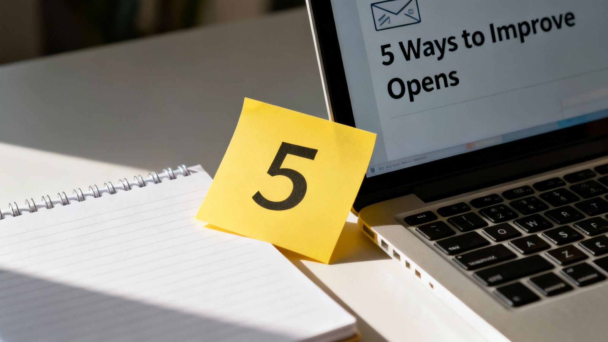 A laptop screen displaying '5 Ways to Improve Opens' next to a yellow sticky note with '5' and a notebook.