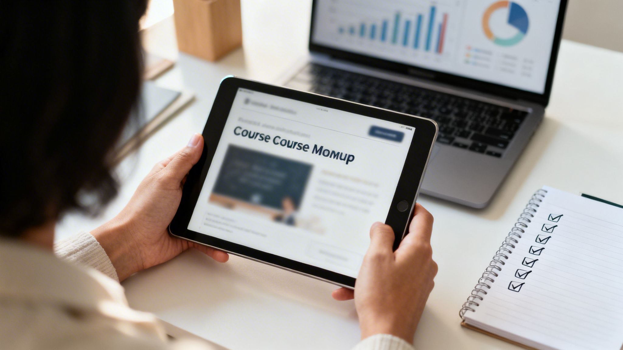 Osoba trzymająca tablet z kursem online, z laptopem wyświetlającym wykresy i notatnikiem z zaznaczonymi punktami w tle.