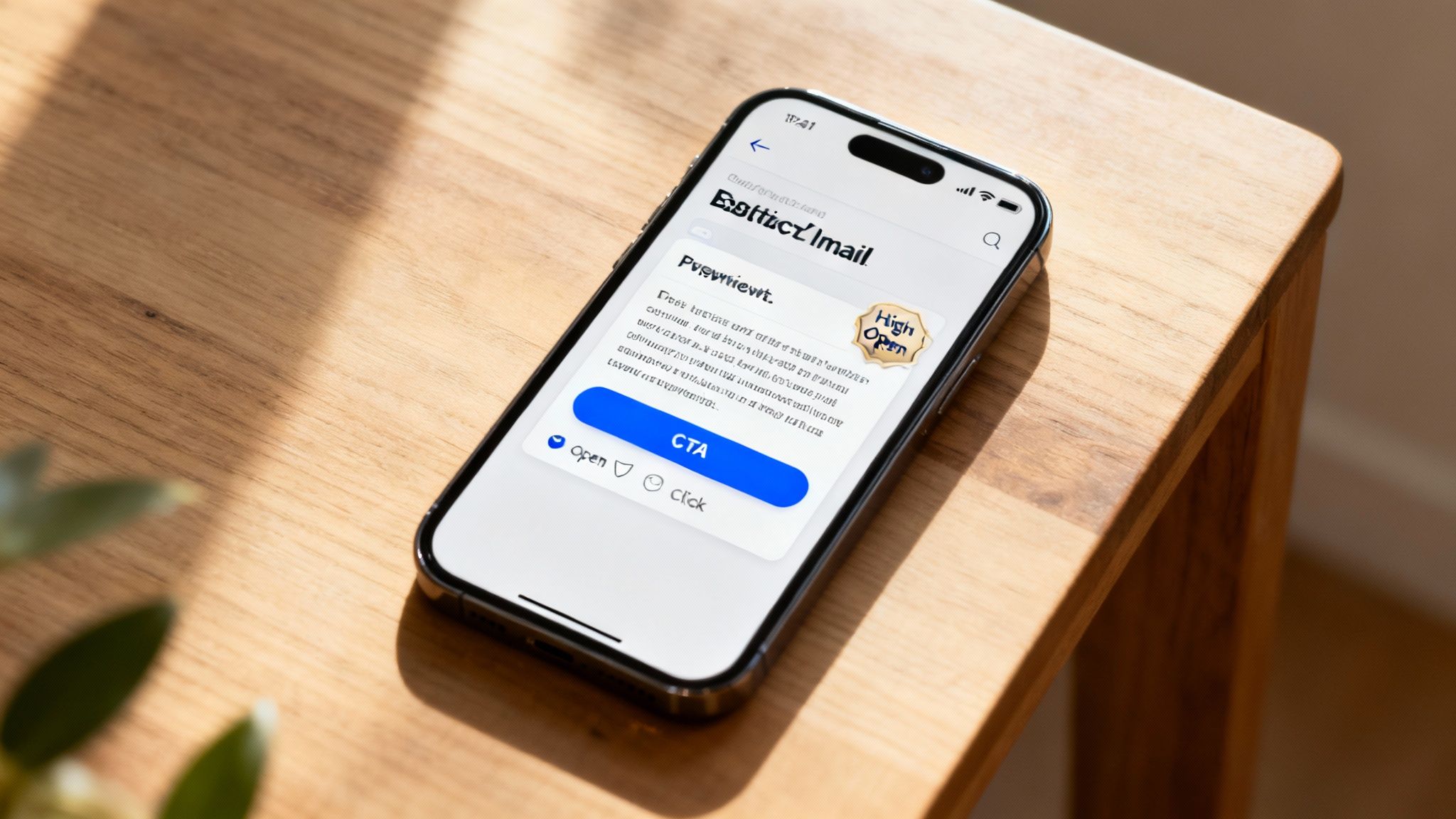 A smartphone displaying an email preview with 'High Open' badge and a 'CTA' button on a wooden table.