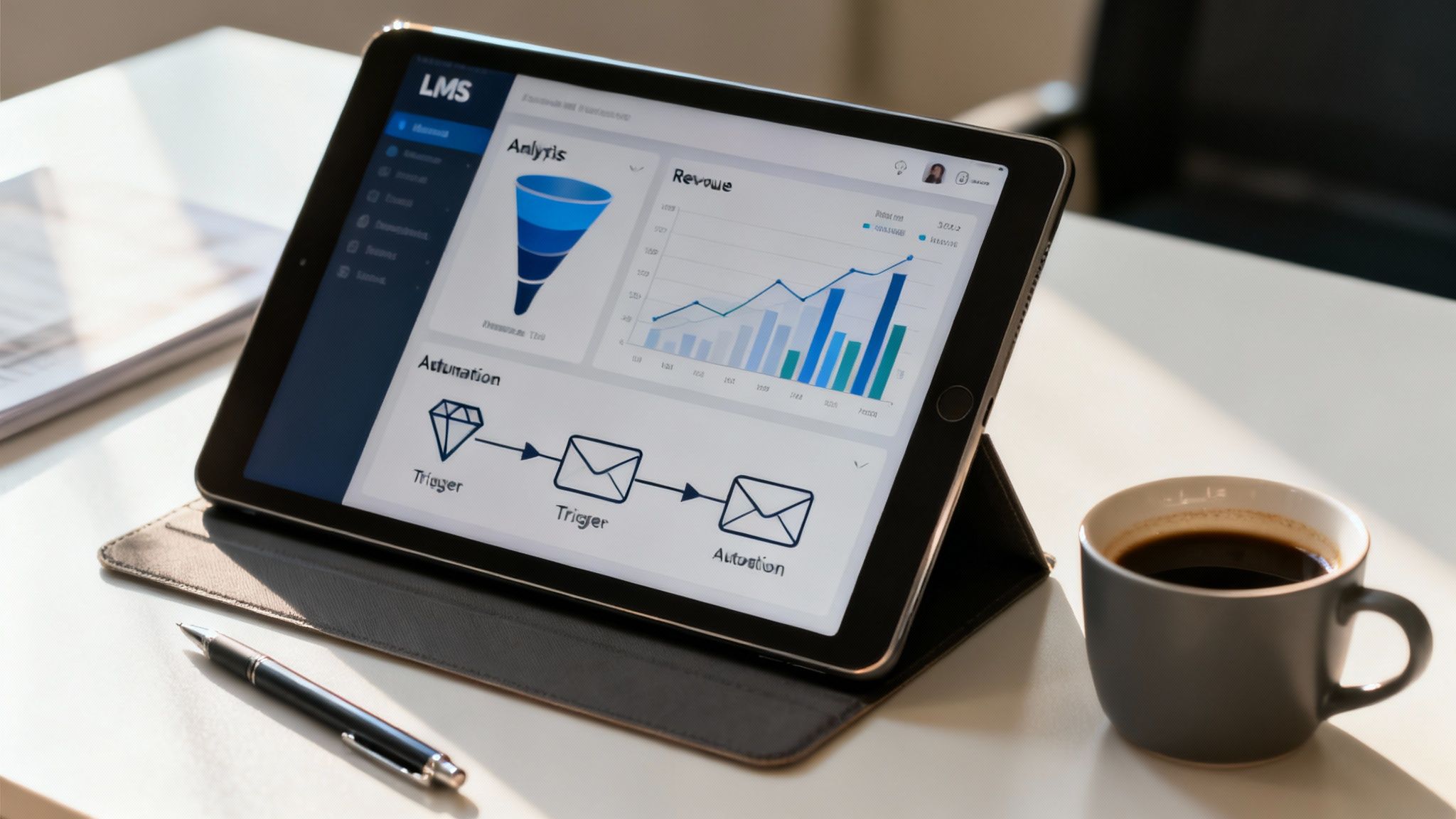 A tablet on a desk showcasing an LMS dashboard with various analytical and automation features.