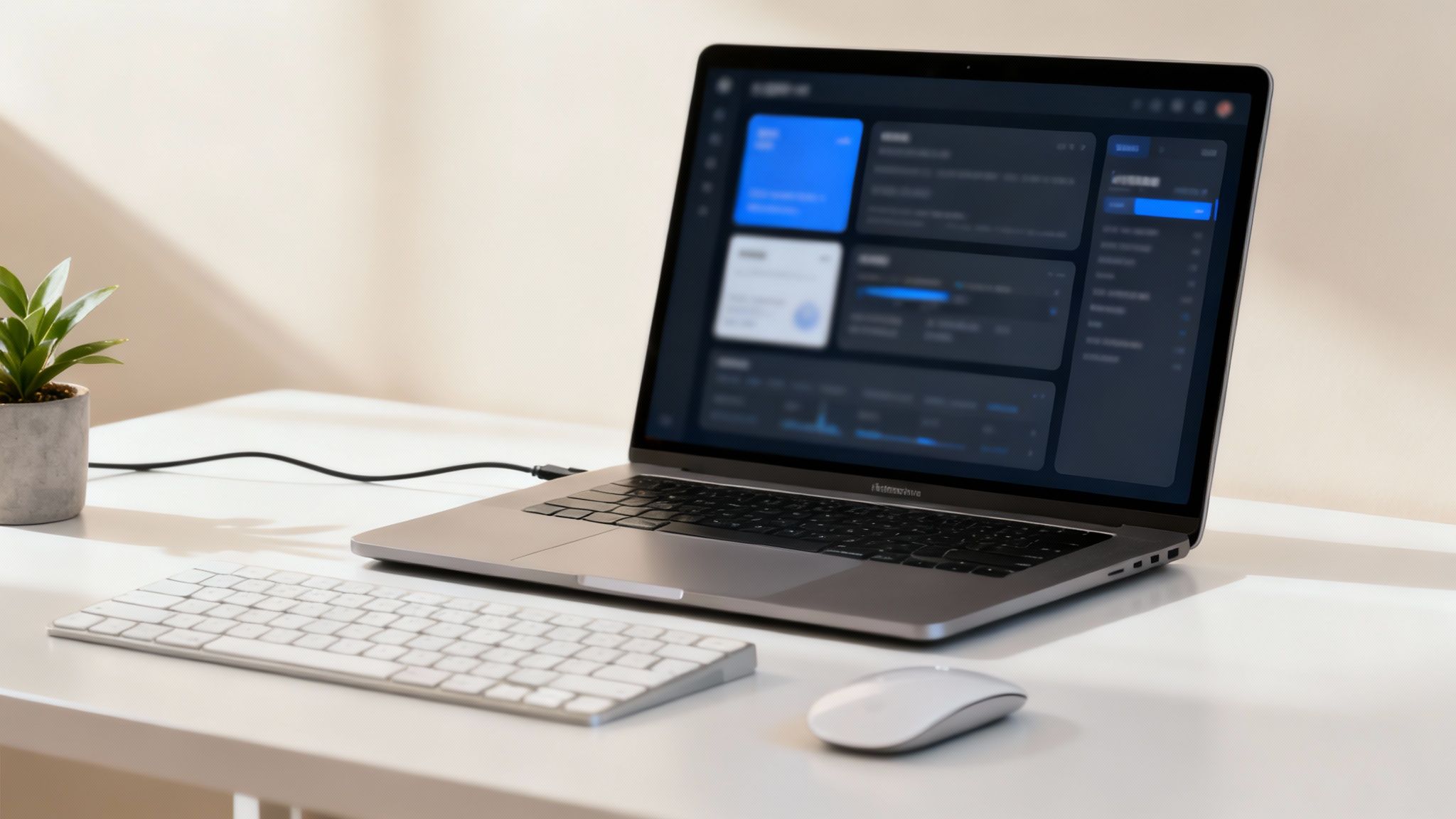 Laptop na białym biurku z klawiaturą i myszką, obok mała roślina. Ekran wyświetla interfejs użytkownika z wykresami w ciemnym trybie.