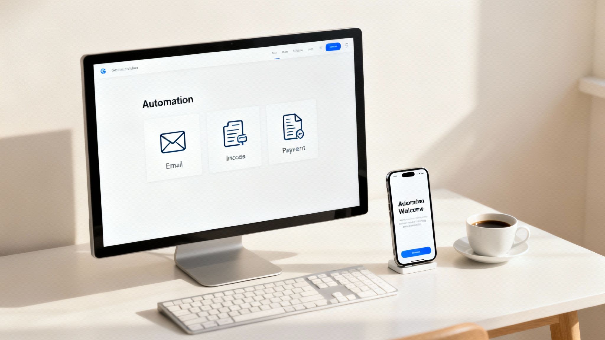 Osoba korzystająca z laptopa, otoczona ikonami symbolizującymi automatyzację, takimi jak koła zębate, e-maile i wykresy.