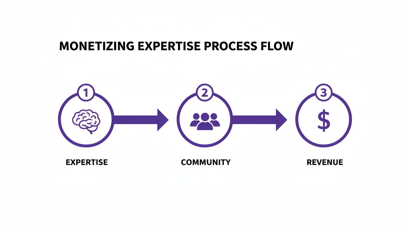 Process flow demonstrating how expertise leads to building a community, which then generates revenue.