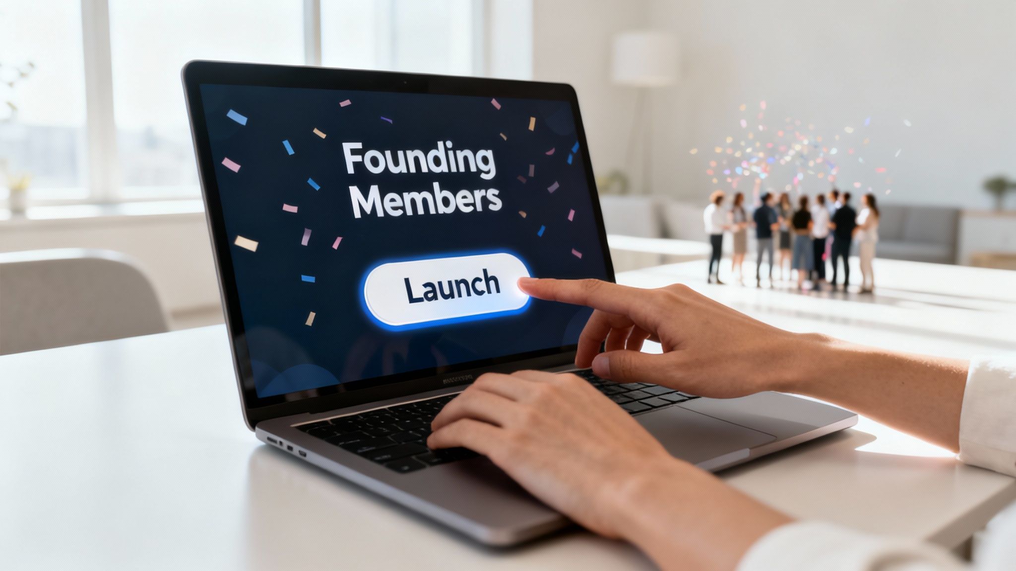A person's hand is about to click a 'Launch' button on a laptop for founding members with confetti.