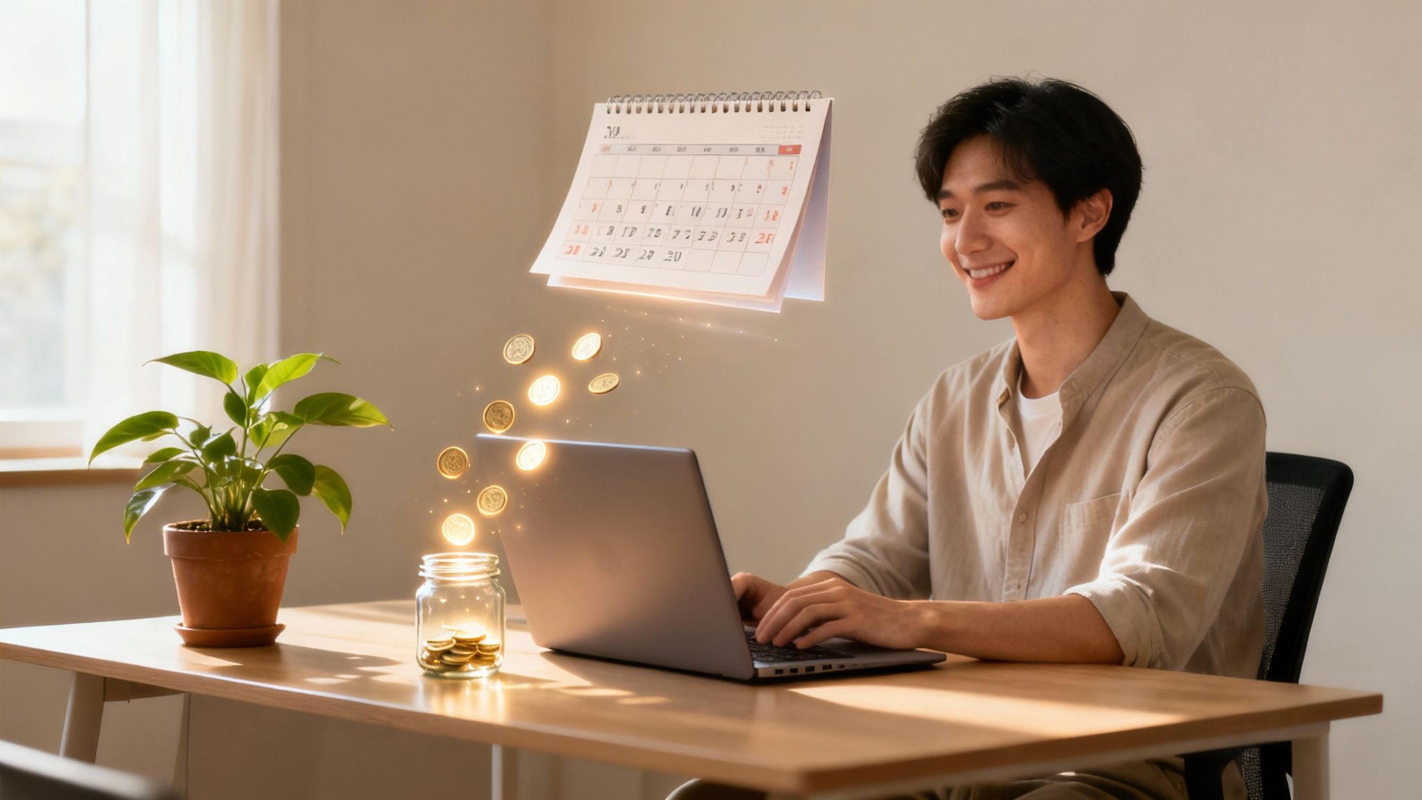 A smiling man using a laptop, with digital coins flowing into a savings jar, next to a calendar.