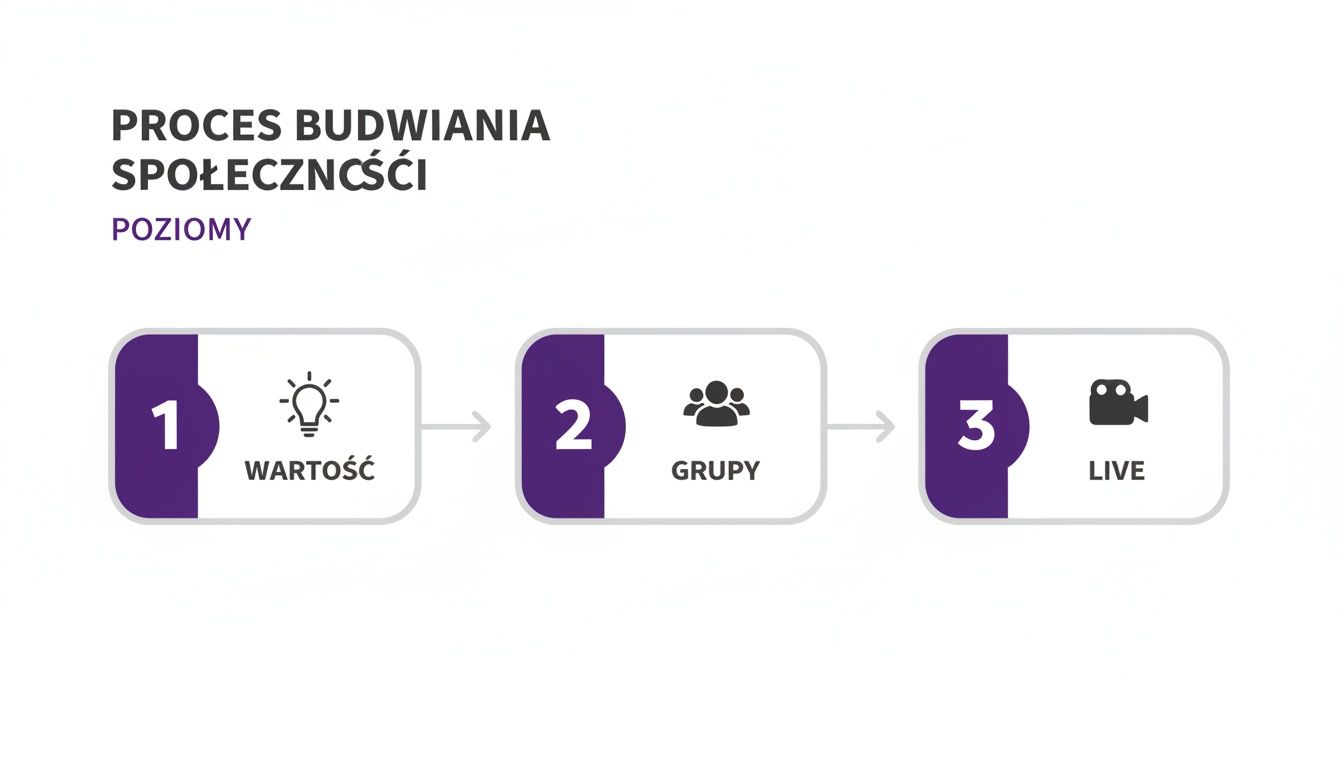 Diagram przedstawiający proces budowania społeczności w trzech poziomach: wartość, grupy i transmisje na żywo.