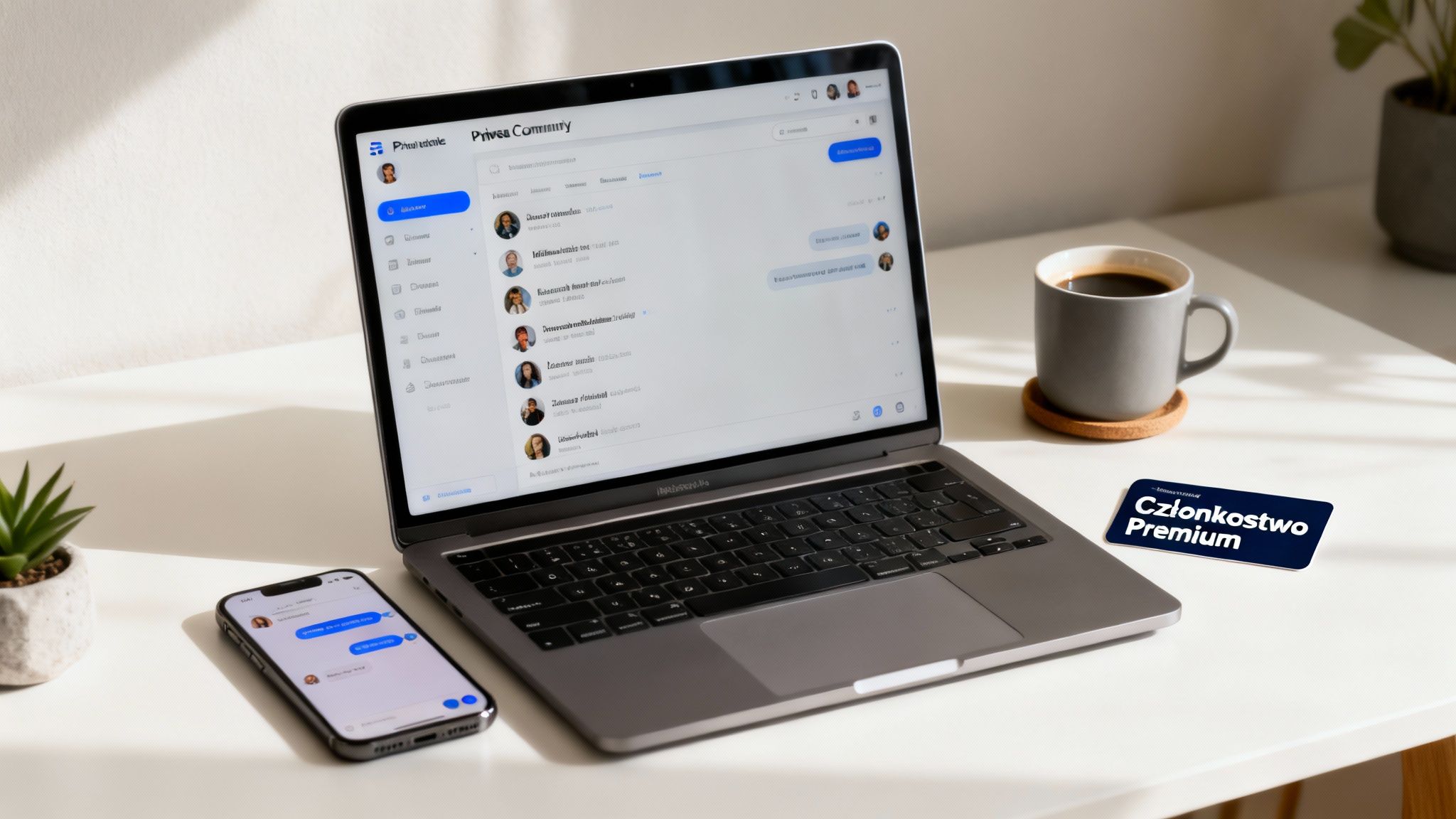 Nowoczesne biurko z laptopem, smartfonem, kubkiem kawy i zieloną rośliną, idealne do pracy.