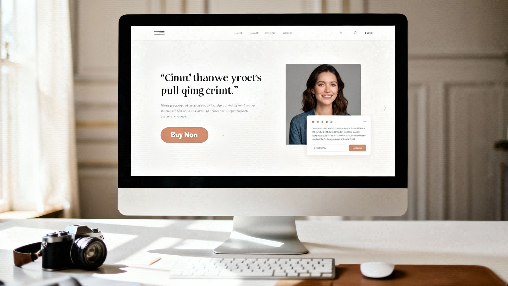 A desktop computer displays a website featuring a prominent customer testimonial and a smiling woman.