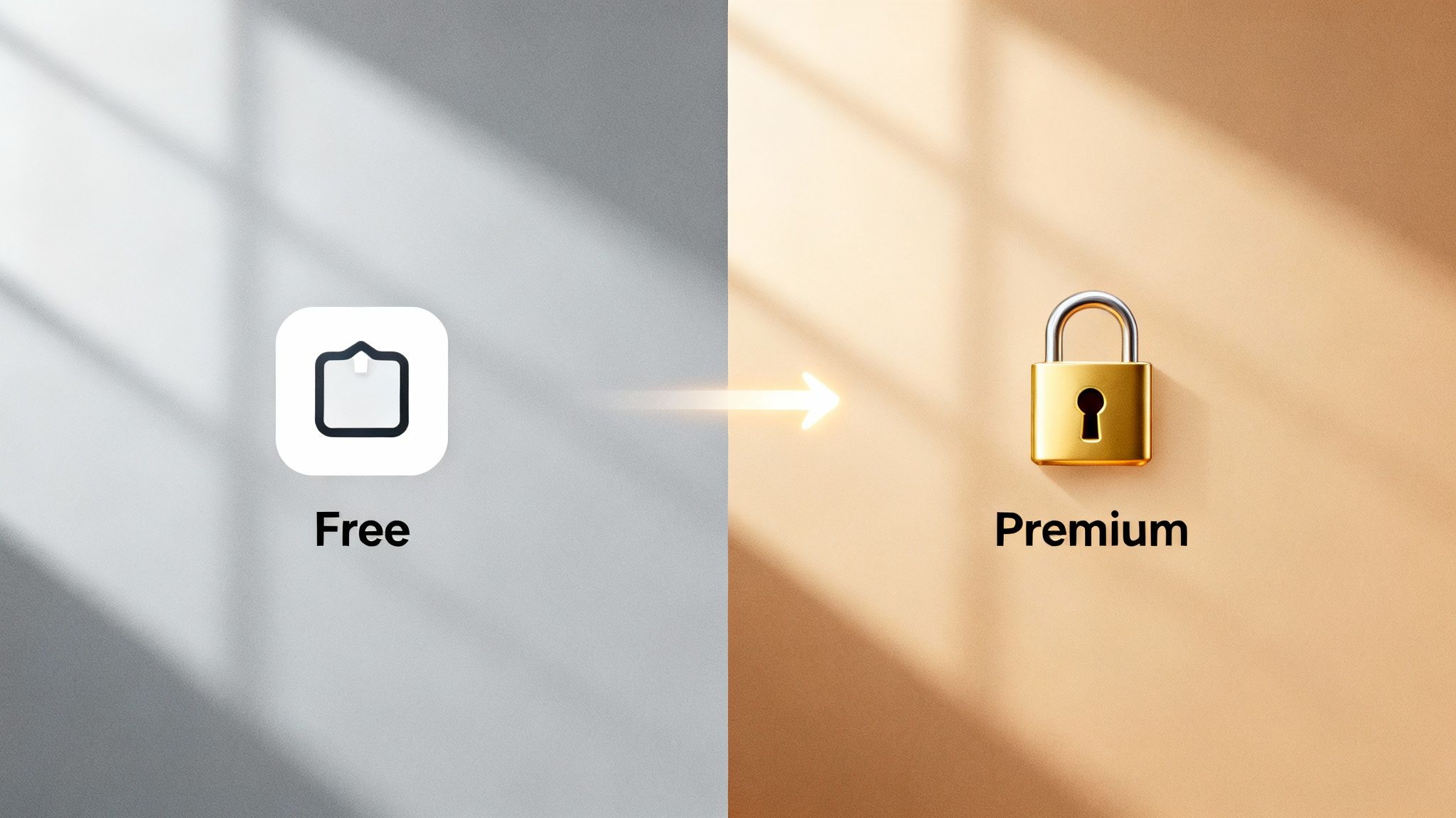 Illustration showing transition from a free app icon to a premium golden padlock, indicating a paid upgrade.