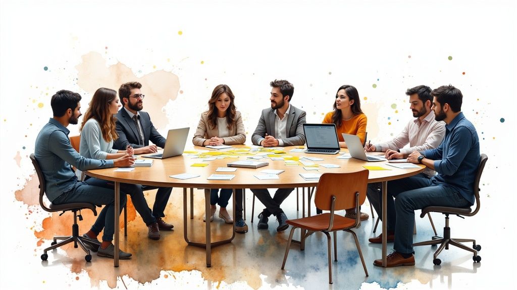 A group of diverse individuals collaborating and engaging in a community setting, symbolizing the move from a passive audience to an active community.