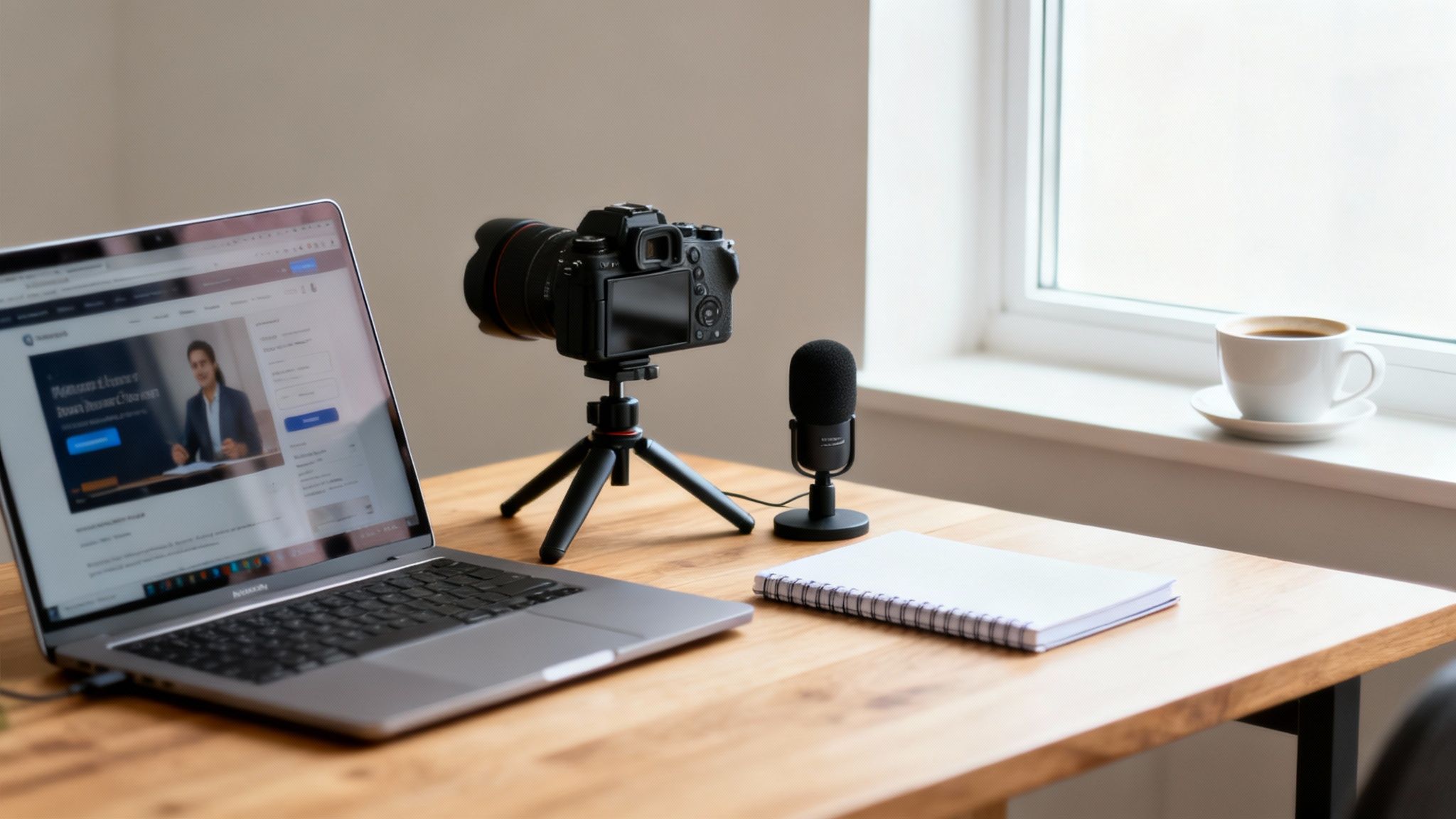 Nowoczesne miejsce pracy do tworzenia kursów online, z laptopem, aparatem i mikrofonem na biurku.