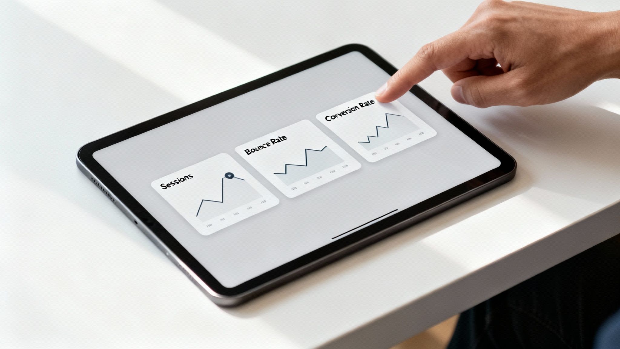 A person views website analytics graphs for sessions, bounce rate, and conversion rate on a tablet.