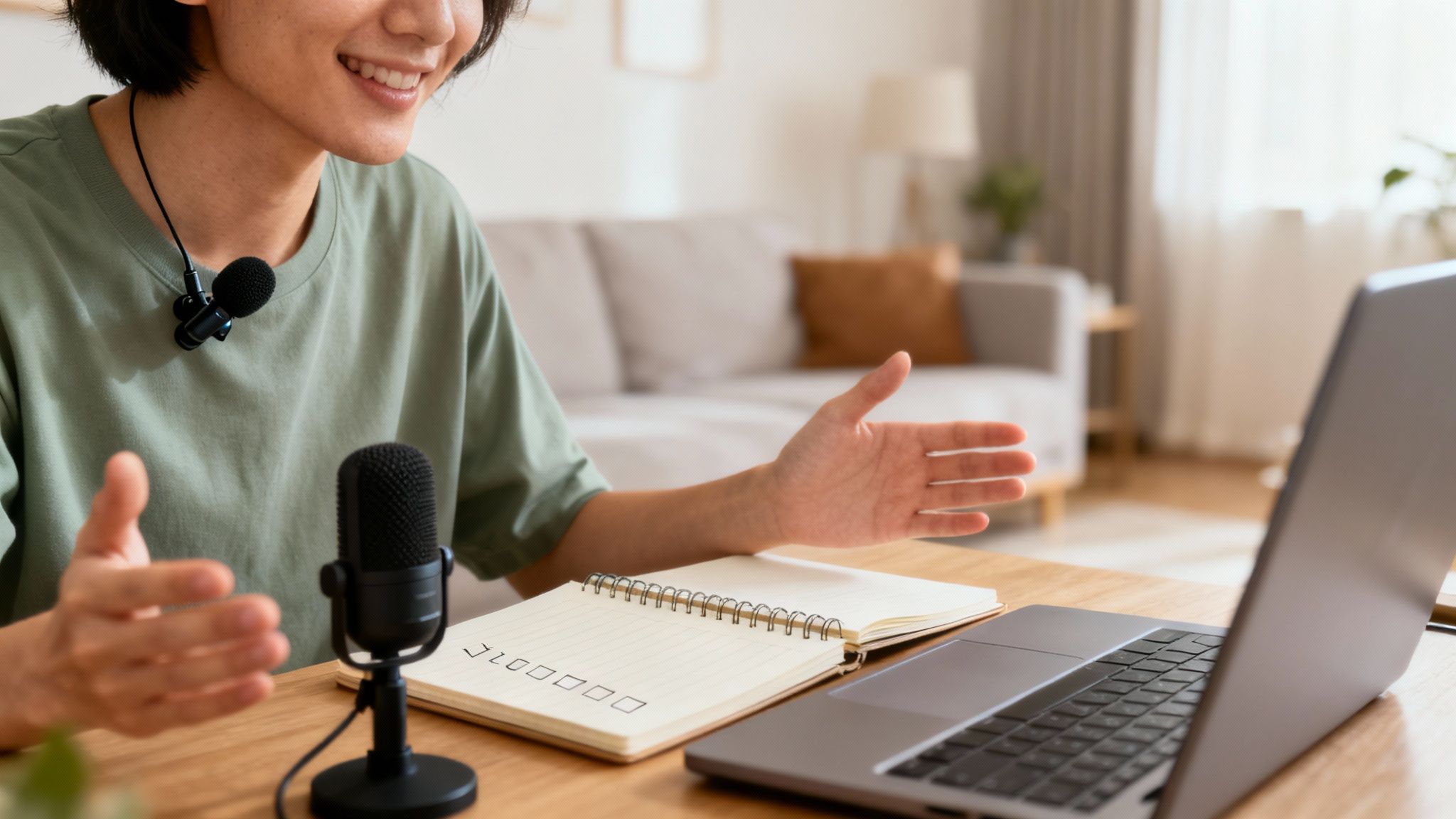 Pewna siebie osoba mówi do kamery, używając języka ciała do podkreślenia swoich słów.